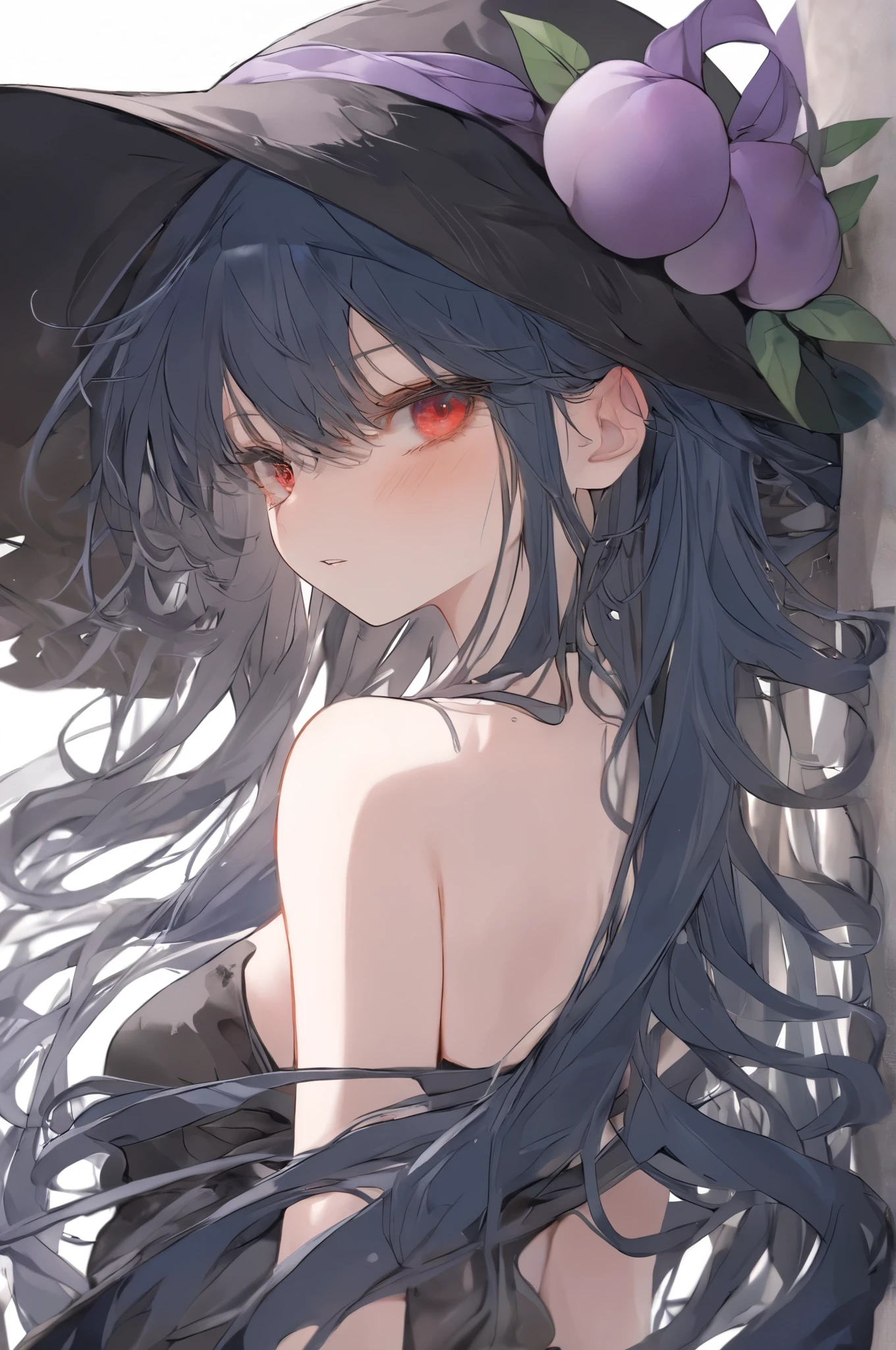 Top quality , Best Quality , Official Art ,cool, beautiful, Very Detailed (Fractional art 1 .2),most detailed, a girl , expressionless faces , Dark blue long hair , wearing a wizard hat, dark red eyes , Seductive Expression , background box is partially drawn, Very Detailed , high detail ,,Bare shoulders, strapless