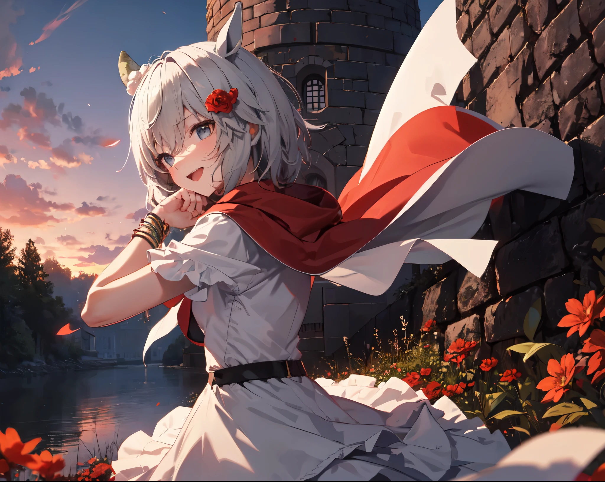 ((alone、  upper body、ドアップ)), ( Inside the skirt ), Horse Ears, ((Black セーター服)), Looking to the Side with Arms Crossed, Accentuating Sideboob. Laughing, ((Red Sky, red Flowers、Inside the castle wall )), Wind Blowing, UHD, retina, Masterpiece, Accurate, Anatomically Correct, Textured Skin, Ultra Detailed, High Detail, High Quality, Award Winning, Top Quality, High Resolution, 16k,