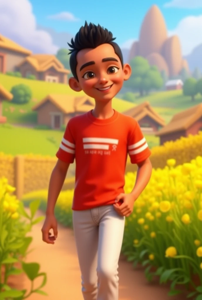 Kaba, a boy, taper haircut, black hair, smiling joyfully, a simple shirt with white stripes, red, simple jeans pants, white, walking through vibrant fields with blooming crops and happy villagers, 3D Pixar Animation Style.