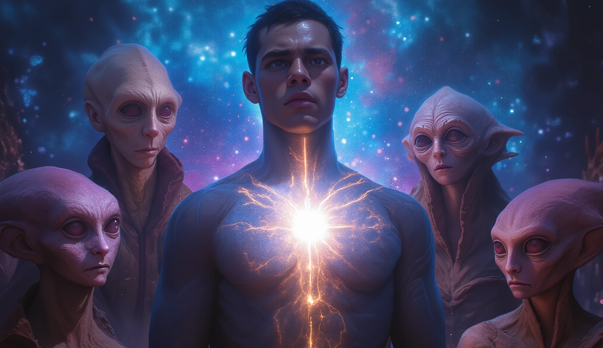 Complete and real image. Beings of light, aliens teaching a person their advanced technology. Photorealism, full view, very detailed image, very realistic, hyperrealism, cinematography, Ultra HD, 8k, Unreal Engine 5, sharp focus, intricate and mysterious masterpiece. (Long exposure photography Artistic illustration close-up portrait very detailed: final quality, medium shot, backlight, Rich and striking. Enigmatic and mysterious manipulations (composition of the rule of thirds), ((detailed environment with strong lines) The best quality, in camera, white light, warm and clean aesthetics, dazzling screen composed of millions of brilliant ultraviolet rays, HDR.