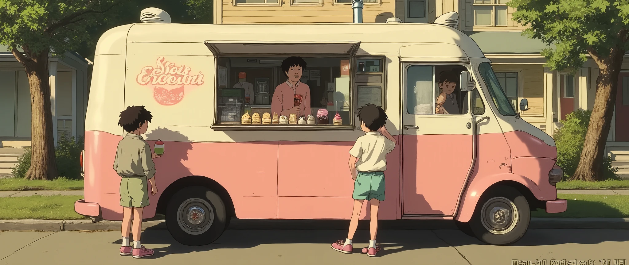 A nostalgic anime-style scene featuring a retro ice cream truck parked on a quiet suburban street. The truck has pastel pink and white accents, with a bold "Ice Cream" logo painted on the side. A small girl holds a popsicle while her friend decides what to order. The background shows neatly lined houses and trees, bathed in warm, golden-hour sunlight.