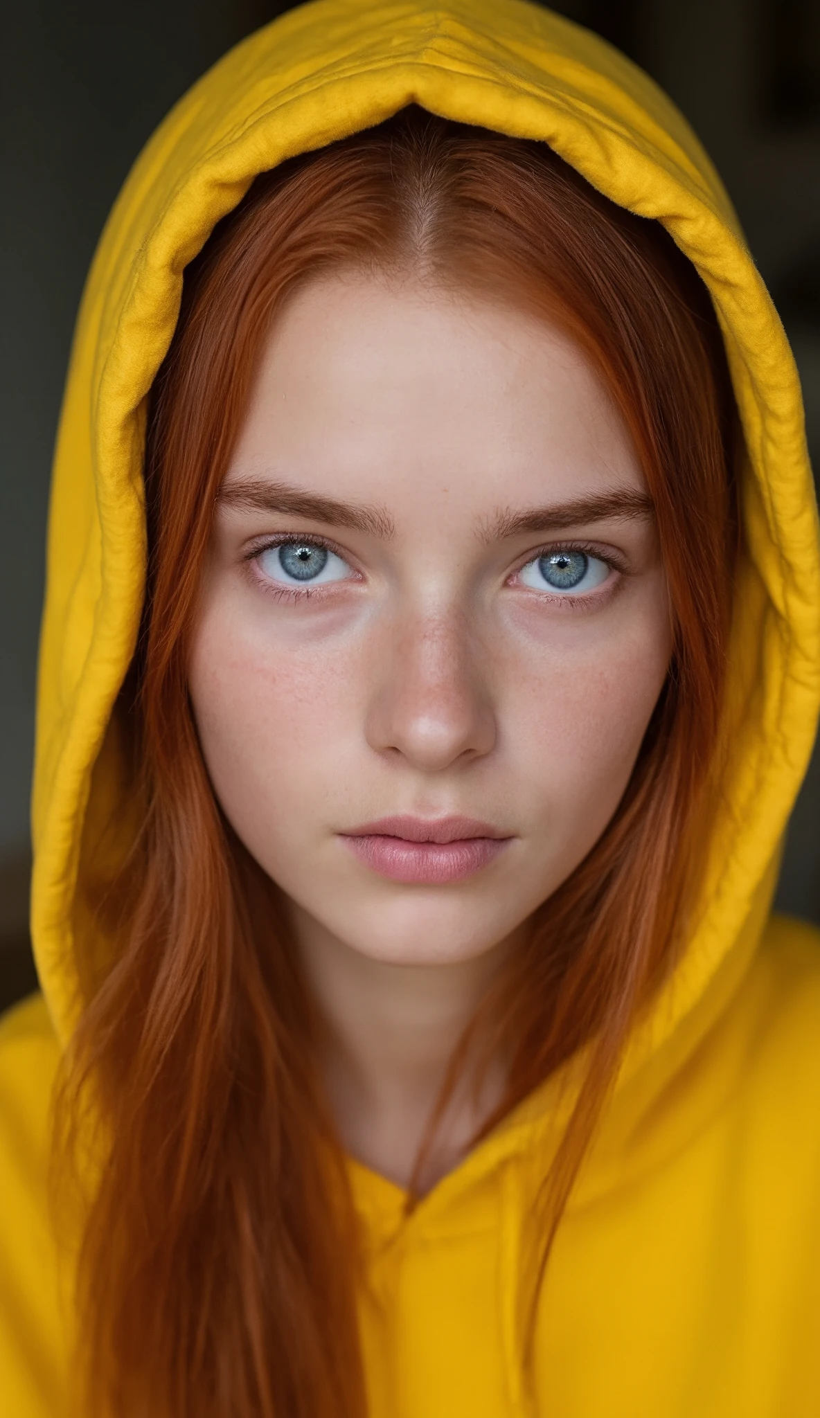 18 year old girl with straight red haired and big blue eyes, long hair, 1girl, pure white skin, clean skin, clean face, , realistic face, real face, neutral looking, no smile, she wearing yellow hooded, hood up, realistic face details, masterpiece, high angle from above, side profile, Portrait, Three Quarter Photo, instagram, 35mm f/1.2 lens, close up,