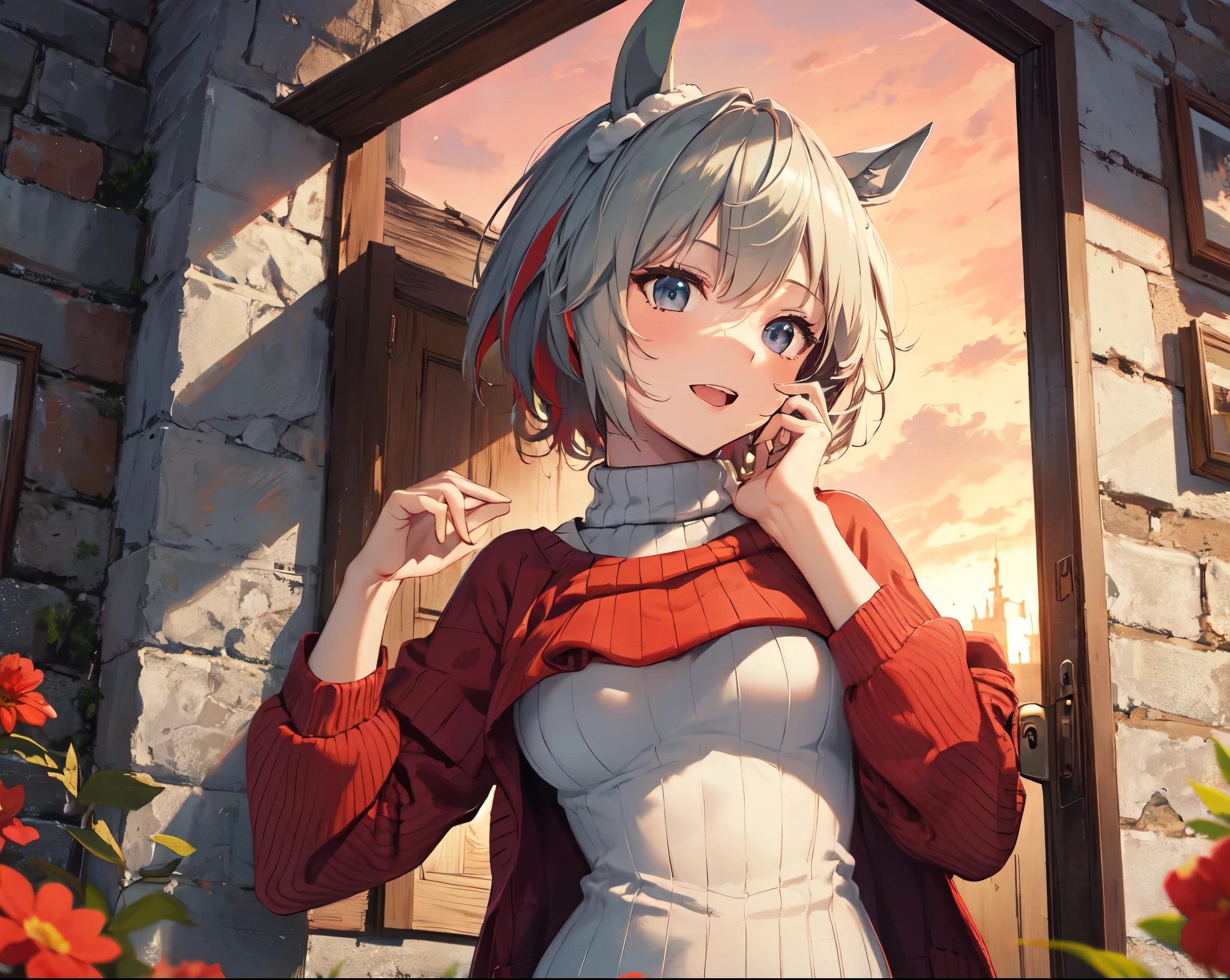 ((alone、  upper body、 door up)), Horse Ears, ((Warp knit sweater)), Looking to the Side with Arms Crossed, Accentuating Sideboob. Laughing, ((Red Sky, red Flowers、Inside the castle wall )), Wind Blowing, UHD, retina, Masterpiece, Accurate, Anatomically Correct, Textured Skin, Ultra Detailed, High Detail, High Quality, Award Winning, Top Quality, High Resolution, 16k,