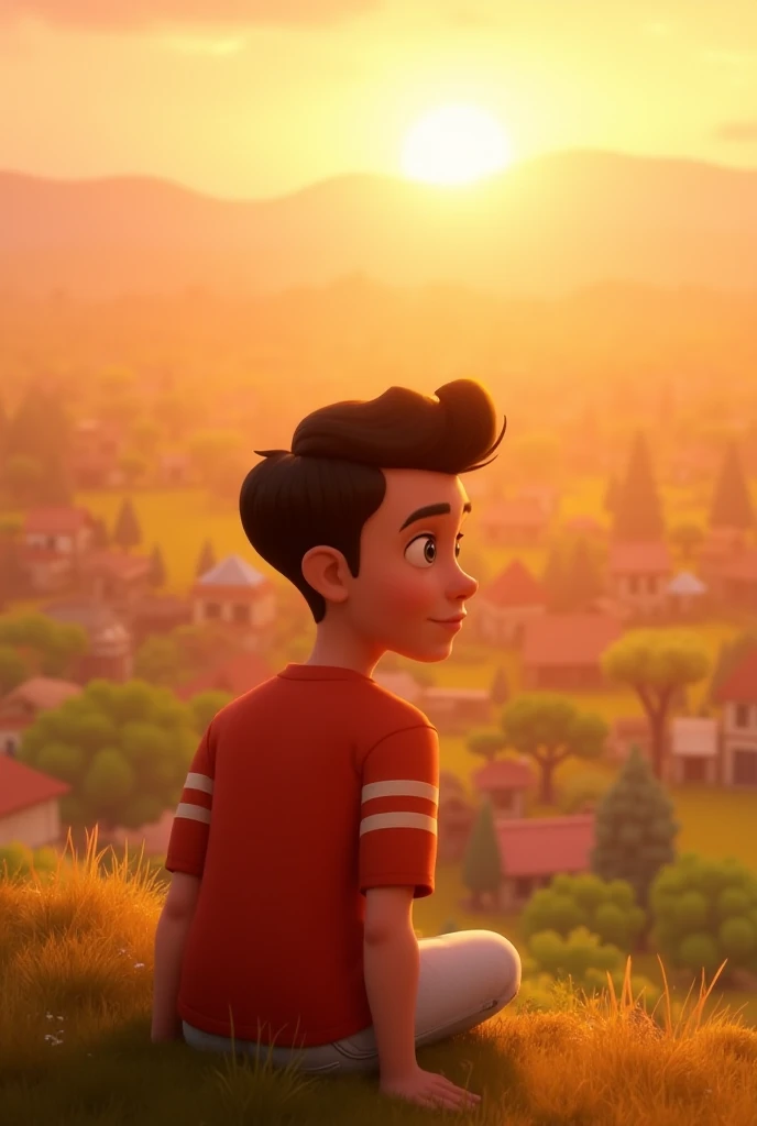 Kaba, a boy, taper haircut, black hair, reflective and content, a simple shirt with white stripes, red, simple jeans pants, white, sitting on a hill overlooking the flourishing village and fields, golden sunset, 3D Pixar Animation Style.