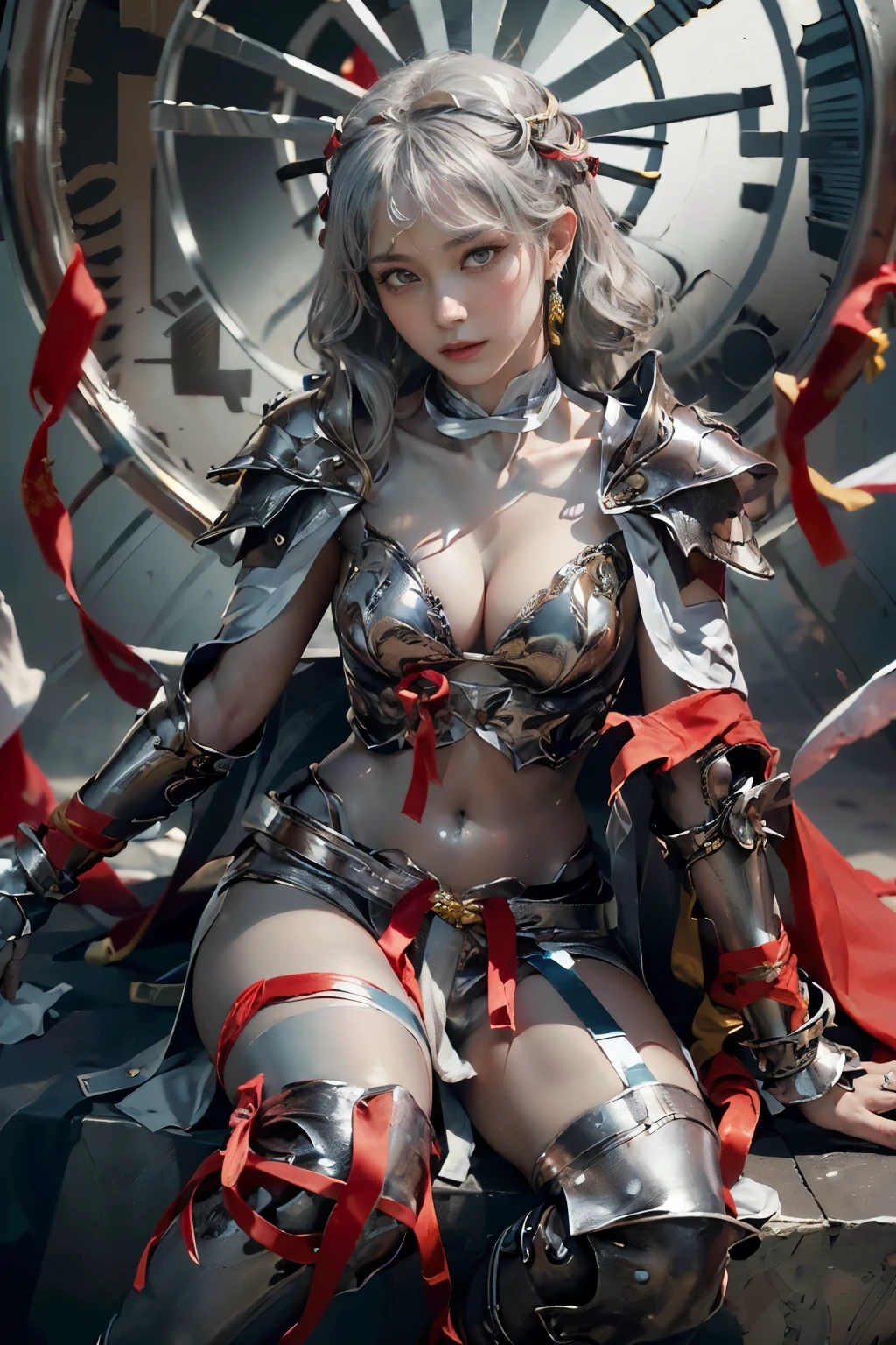 {beutiful girl, ((25-year-old girl with very slim body, Machinist corps:1.5)}, Thin legs, fine grain, white long hair, Detailed fingers, thin, Sexual, Ecstasy facial expression, (Super big bouncing firm bust:1.3), (sexy see-through mechanical suit, scarlet lined long cloak from shoulder, The chest part of the suit is widely open, Chest exposed:1.5), lakeside, (sexy dynamic posing, sneer:1.3), (in battle:1.5), { (bloody, many decapitated corpses:1.5), on top of hill, wide view, (spooky, creepy, big blood moon, moon night:1.3)}