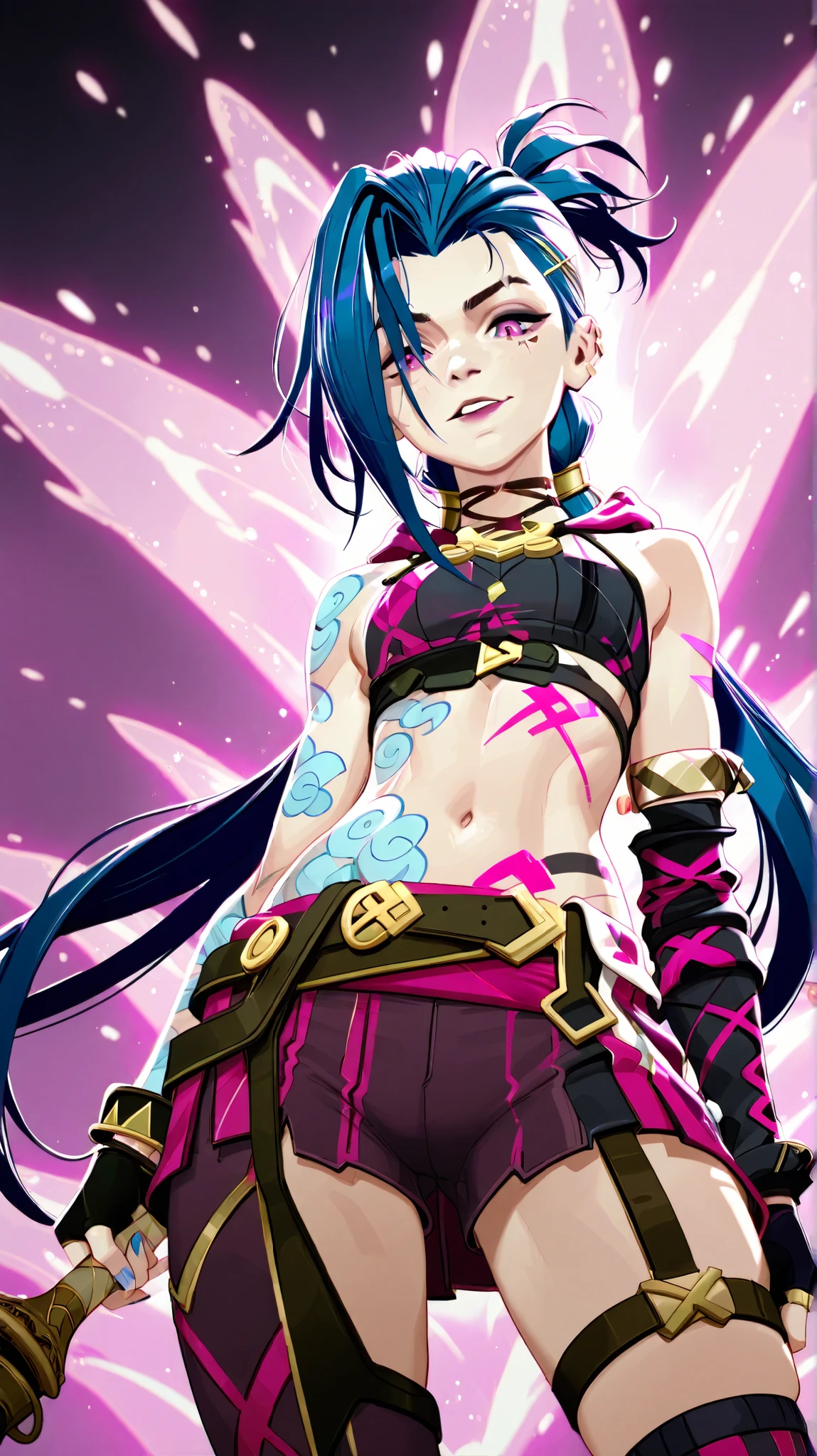 Générez une description créative et ludique d'un personnage inspirée du concept de "nu jinx" by Arcane , sexy, Seductive and on the beach . Emphasize her playful nature , Dynamic energy, and her unique fashion sense in a light and artistic way . Make sure the description highlights her role in the story with explicit content.