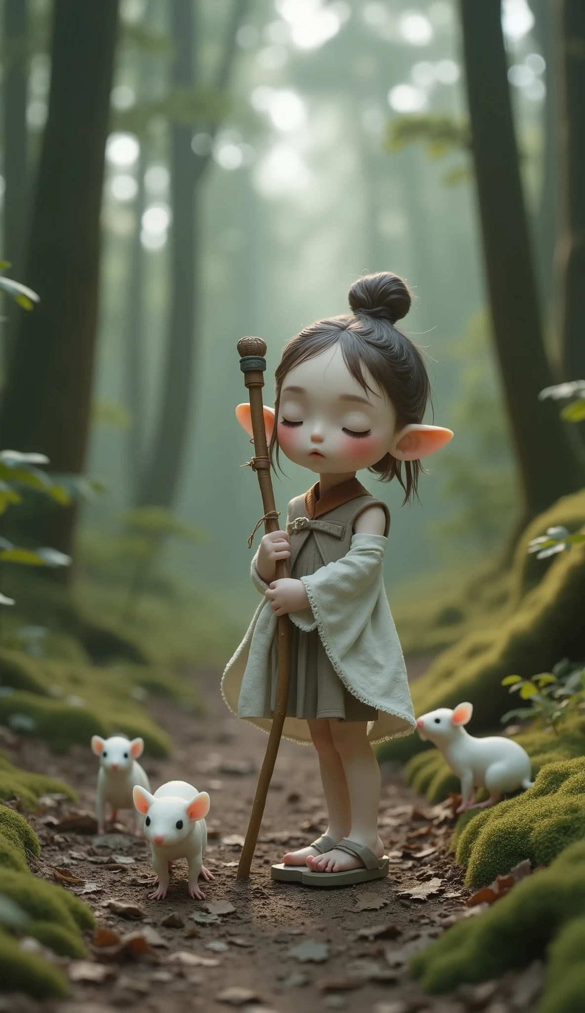Miniature photography、 best quality 、Masterpiece、 RAW photo、 FILM GRAIN、 very detailed、( best quality 、Masterpiece、 high resolution)、Clay Art、 clay animation、4K Anime Art、非常に緻密なClay Art、５Head to Body、5-head body proportion、Girl&#39;s Adventure、Round face、 has thin hands and feet、 Realistic Design 、 very cute face that hides breasts with both arms、Elf Ears、((( bun hair put together、 ethnic costumes、Tunic、Traditional Arts)))、Adventurer Giant Forest 、 low angle:1.5、  Strange Scenery at Dusk  、 Role Playing Games、 Magician Girl 、 has a long cane、 the rat family next to him、 Realistic Design のネズミ、 cute white mouse 、Red eyed rat