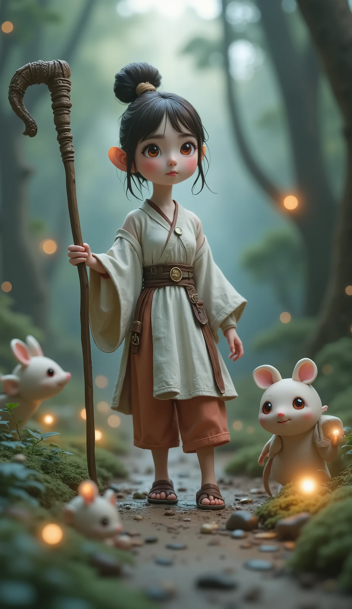 Miniature photography、 best quality 、Masterpiece、 RAW photo、 FILM GRAIN、 very detailed、( best quality 、Masterpiece、 high resolution)、Clay Art、 clay animation、4K Anime Art、非常に緻密なClay Art、Girl&#39;s Adventure、Round face、 has thin hands and feet、 Realistic Design 、 very cute face that hides breasts with both arms、((( bun hair put together、 ethnic costumes、Tunic、Traditional Arts)))、Adventurer Giant Forest 、 low angle:1.5、  Strange Scenery at Dusk  、 Role Playing Games、 Magician Girl 、 has a long cane、 the rat family next to him、 Realistic Design のネズミ、 cute white mouse 、Red eyed rat