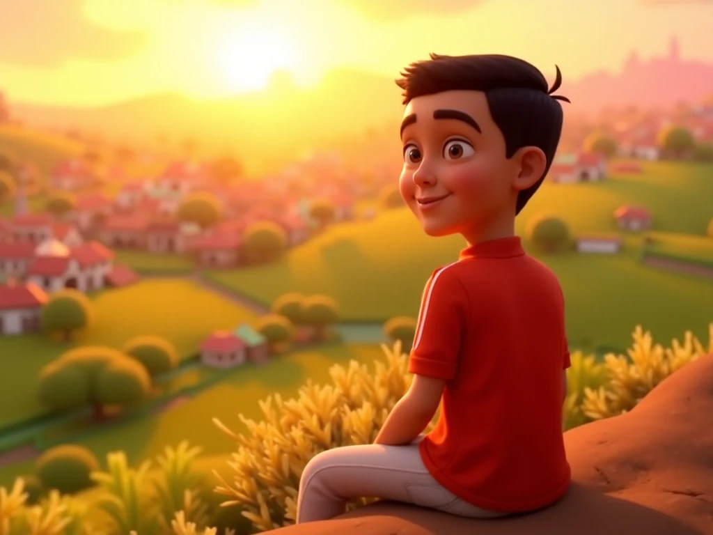 Kaba, a boy, taper haircut, black hair, reflective and content, a simple shirt with white stripes, red, simple jeans pants, white, sitting on a hill overlooking the flourishing village and fields, golden sunset, 3D Pixar Animation Style.