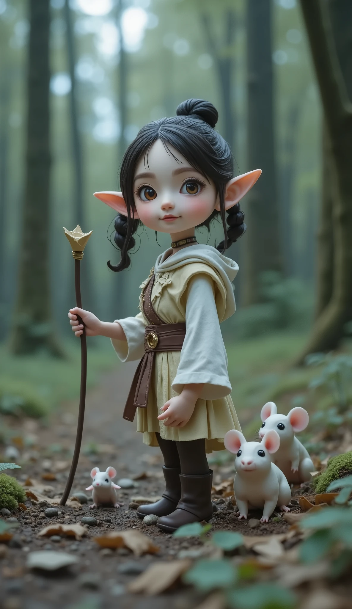 Miniature photography、 best quality 、Masterpiece、 RAW photo、 FILM GRAIN、 very detailed、( best quality 、Masterpiece、 high resolution)、Clay Art、 clay animation、4K Anime Art、非常に緻密なClay Art、Girl's Adventure、Round face、 has thin hands and feet、 Realistic Design 、 very cute face that hides breasts with both arms、Elf Ears、((( bun hair put together、 ethnic costumes、Tunic、Traditional Arts)))、Adventurer Giant Forest 、 low angle:1.5、 Strange Scenery at Dusk 、 Role Playing Games、 Magician Girl 、 has a long cane、 the rat family next to him、 Realistic Design のネズミ、 cute white mouse 、Red eyed rat