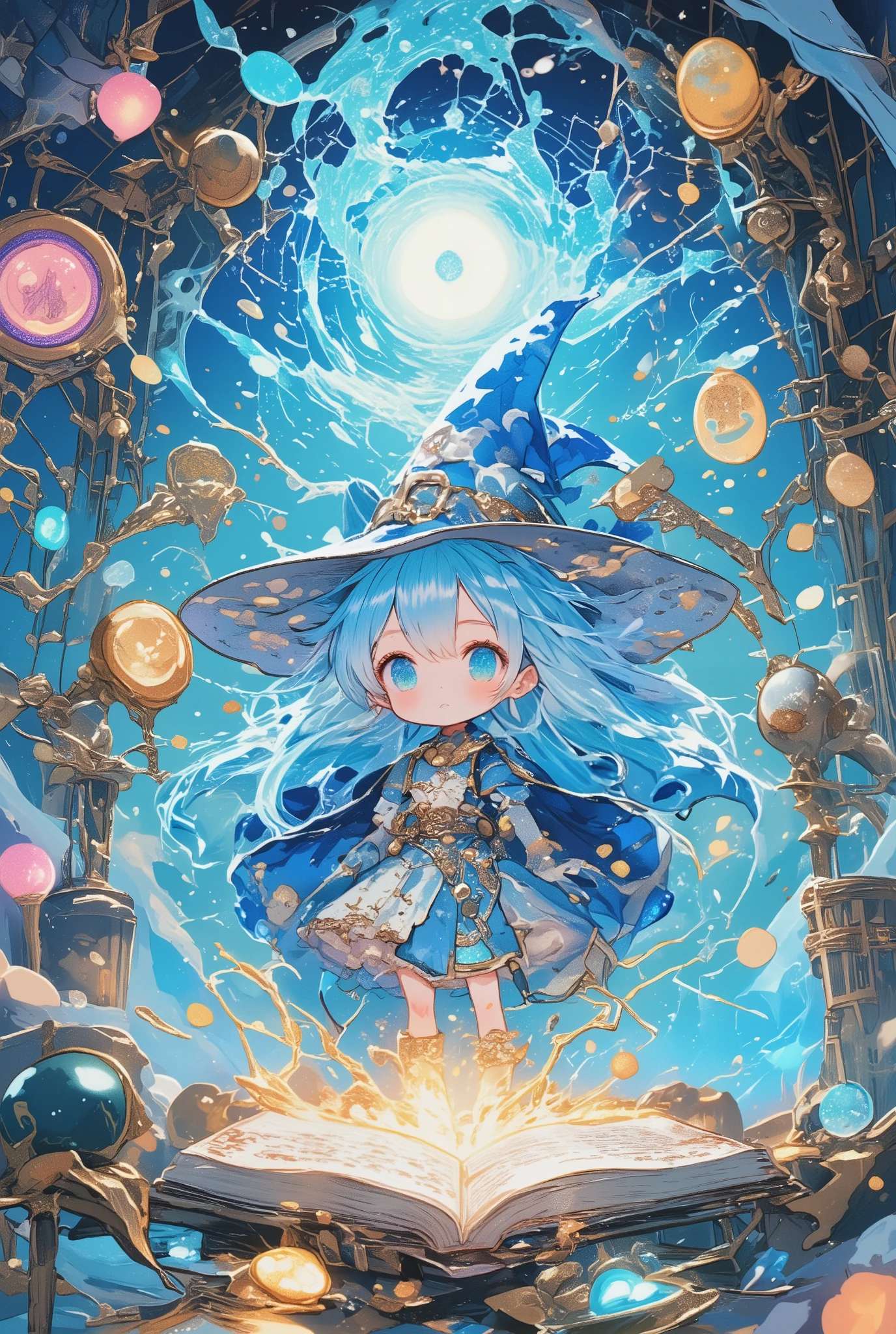 mysterious magical world, anime image style, dreamy colorful fluffy pastel world view. cute chibi character girl is trapped in mysterious space, where magic can be used and when she chants the spell according to the grimoire, large drop of water appears. witch appears in the mirror and asks, "Did you do it well?" Grimoire, mirror, various magical tools, various effects, professional and perfect composition, extremely delicate depiction, extremely clear image, ultra detailed, absolutely resolution, masterpiece