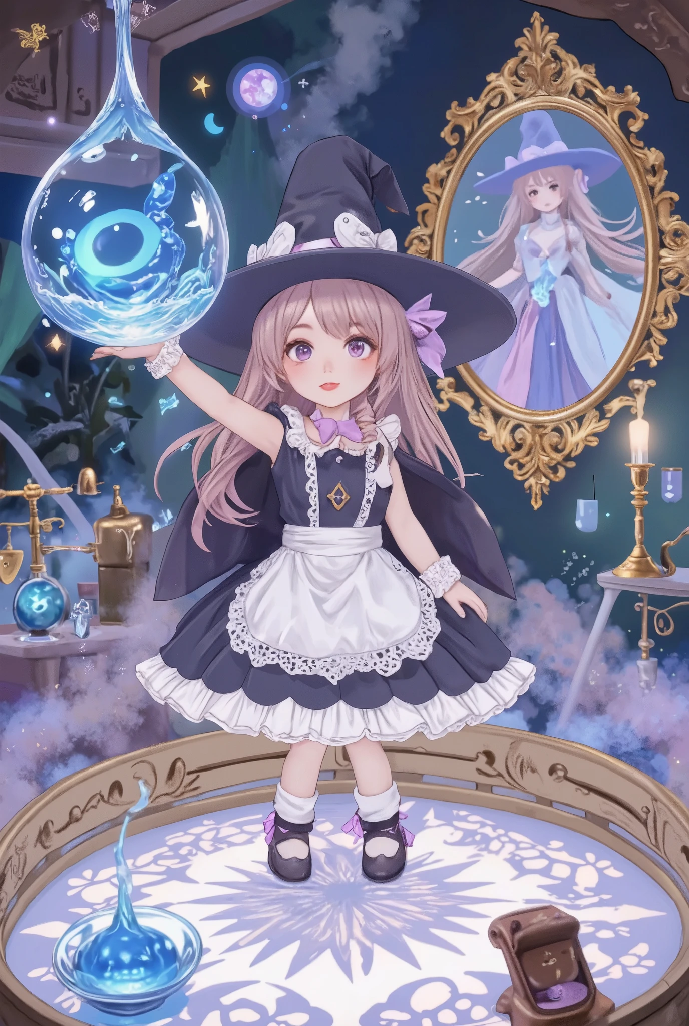 mysterious magical world, anime image style, dreamy colorful fluffy pastel world view. cute chibi character girl is trapped in mysterious space, where magic can be used and when she chants the spell according to the grimoire, large drop of water appears. witch appears in the mirror and asks, "Did you do it well?" Grimoire, mirror, various magical tools, various effects, professional and perfect composition, extremely delicate depiction, extremely clear image, ultra detailed, absolutely resolution, masterpiece