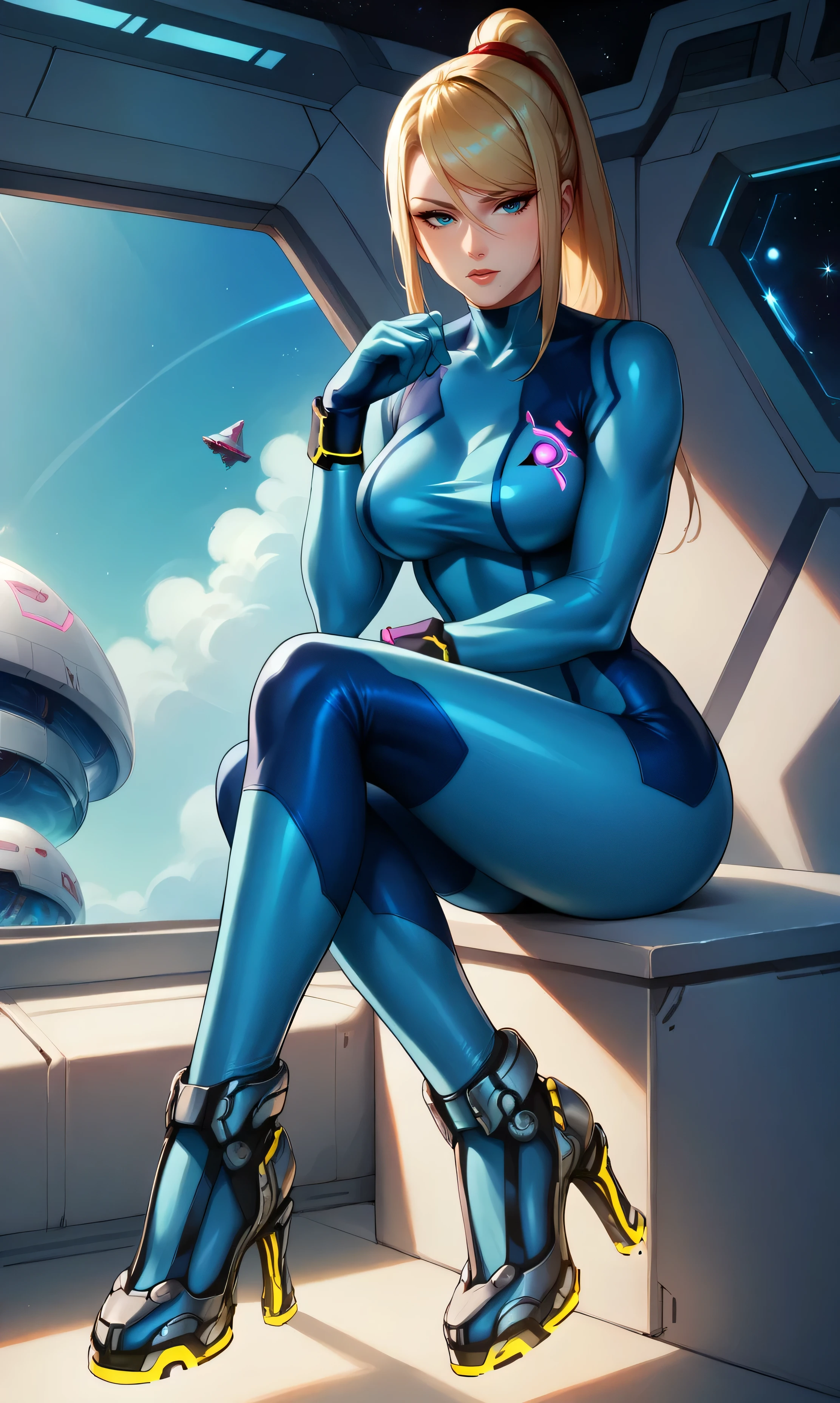 (masterpiece), best quality, expressive eyes, perfect face, (alien spaceship background), (sitting with legs open on allien spaceship), (serious look), (cleavage view), (1girl, age 18+, Margot Robbie, fair skin, blonde hair, long hair, ponytail hairstyle, blue eyes, hourglass figure, thin body, skinny body, large breasts, huge breasts, oppai, wide hips, thick thighs), (samus aran zero suit outfit, aqua_blue skin tight fullbody suit, cameltoe, alien gun in hand),