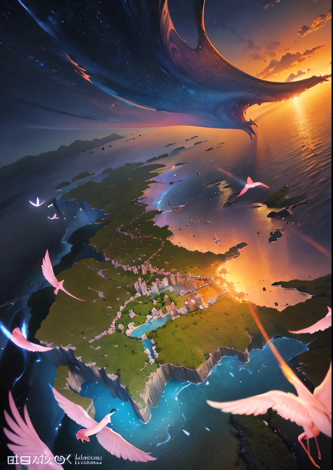 Artwork, best quality, better quality, flying islands, waterfalls cascading from islands, fantasy world, spectacular panoramas, swarms of colorful flamingos, sunsets