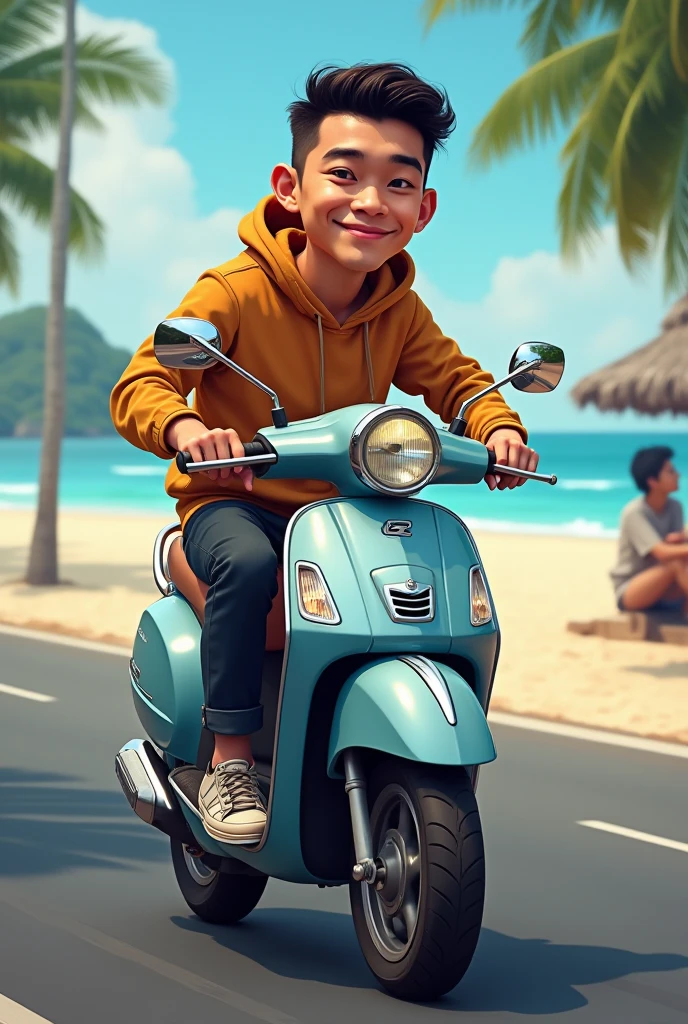 ((3D, best quality: 1.3)), super detailed, SK, (((solo))), full body, (close-up of 8-year-old boy ((Korean futurism)): 1; 15), dressed casually, current fashion, short black T-shirt, ((((white shoes))), (short Kanekalon hair; 1.15), (well-defined symmetrical face, happy and surprised expression: 1.12), riding a green scooter, (((detailed and clear facial expression)), golden waves, bright orange AOL sunset through the waves, autumn, plants in the wind, warm soft dark light, blurred movement, magnificent blue sky,