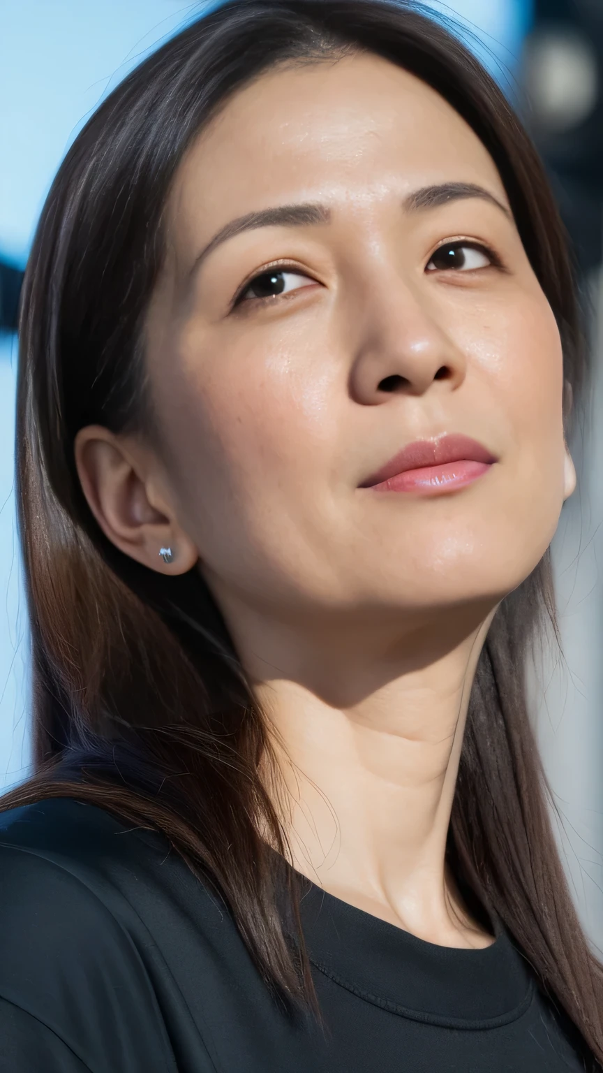 nsfw, (( best quality )), ((8k)), ((Masterpiece:1.3)), ( perfect appearance), ( Photorealism :1.2), (( woman waiting for a traffic light at a downtown intersection)), A sunny, Japanese Women , (47 years old), Married Woman, (( Realistic Skin Textures 1 .6)), ( Fine lines all over the skin :0.6), ( my skin is dull:1.2), skin that has lost moisture , ( facial wrinkles:1.2), (Wrinkles around the eyes:1.2), double eyelid, realistic skin texture , (Crying Kuroko:0.9), long hair, (Long hair with one-curled tips), flowing hair , thin blouse with wide neckline , sheer room blouse , flared pants with tight waist , serious expression, Straight line of sight , high heels, ((whole body)), (Standing), ( ultra low angle:1.5), (Angle facing straight up :1.5), Japanese focus from chest ,