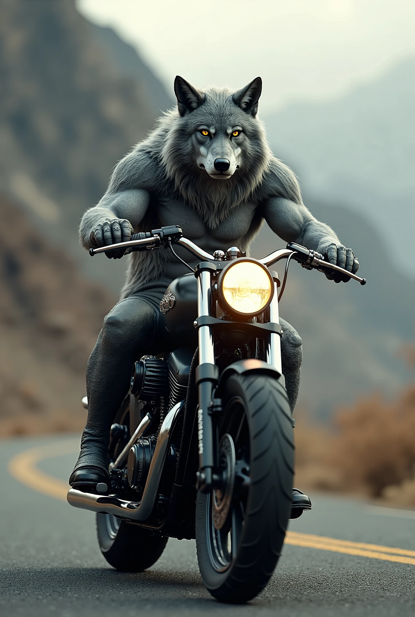 Arafed wolf riding a motorcycle on a mountain road - SeaArt AI