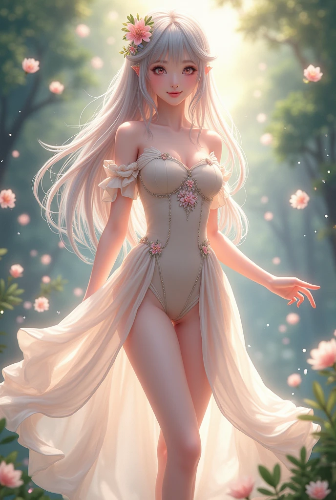 A detailed, realistic, yet surreal portrait of a vampire woman strolling through a mysterious, luminescent midnight garden, her pale skin glowing ethereally amongst bioluminescent flora. Her eyes gleam with an eternal, unspoken secret, and her posture holds a noble, unyielding grace. Around her, exotic, otherworldly flowers bloom, casting soft, fantastical lights and creating delicate shadows on her vintage, intricate attire, highlighting a fragile beauty amidst the everlasting dark.