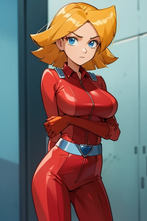 1girl, solo, Max, maxbs, happy face, red bodysuit, helmet, yellow fingerless gloves, belt, holding chest, gigantic breasts, wide hips