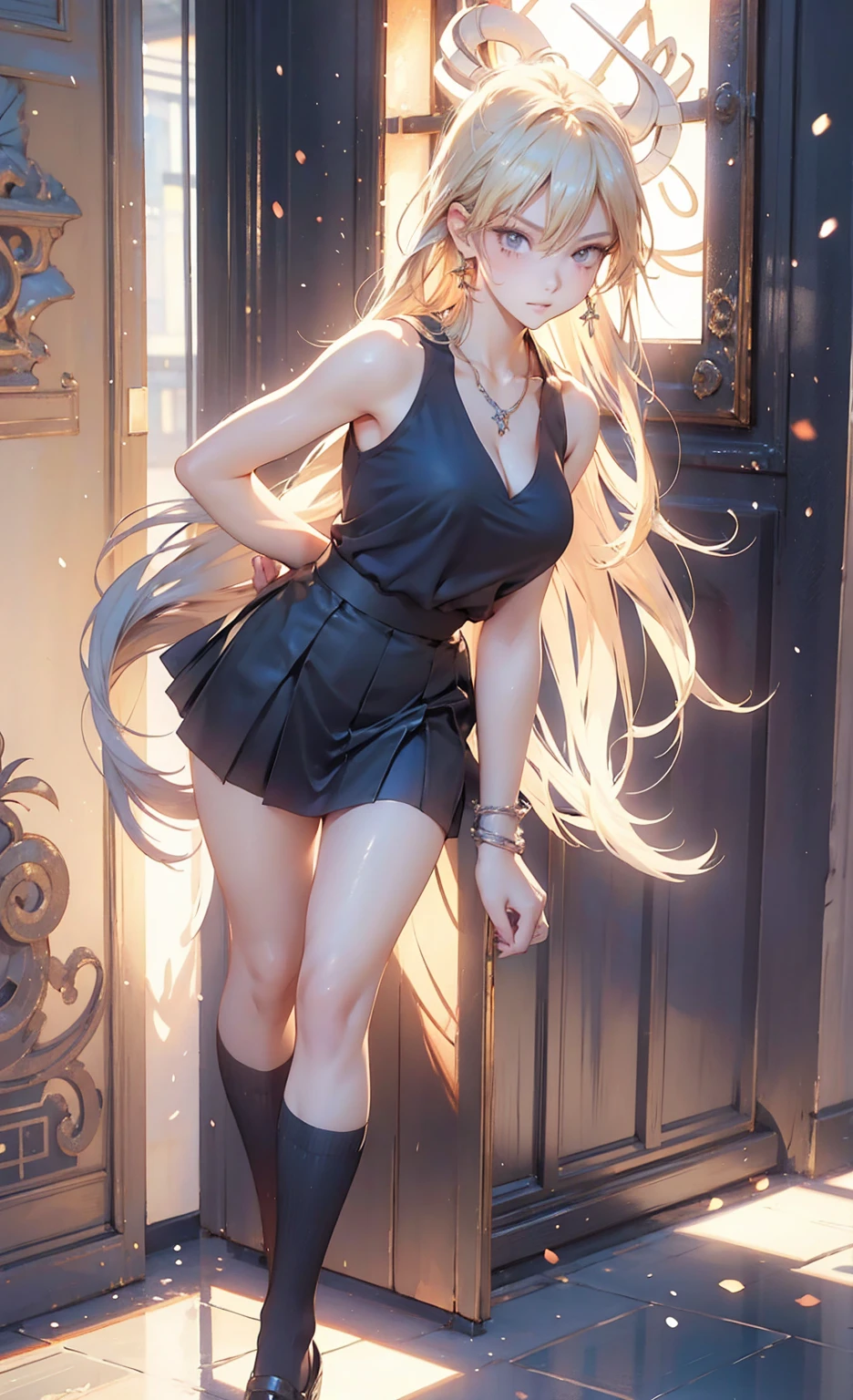 Anime style, super fine illustration, highly detailed, beautiful detailed, pale tone image, static representation, gentle expression, 8k, full body, pretty 1girl with blonde straight short hair & blue eyes & a bright smile & full bust & soft fair skin is wearing big white business shart not to show her skin & black tight skirt, taking off her shoes at the entrance, in the evening, romantic stories, solo, perfect 5fingers, perfect arms, perfect legs, masterpiece.