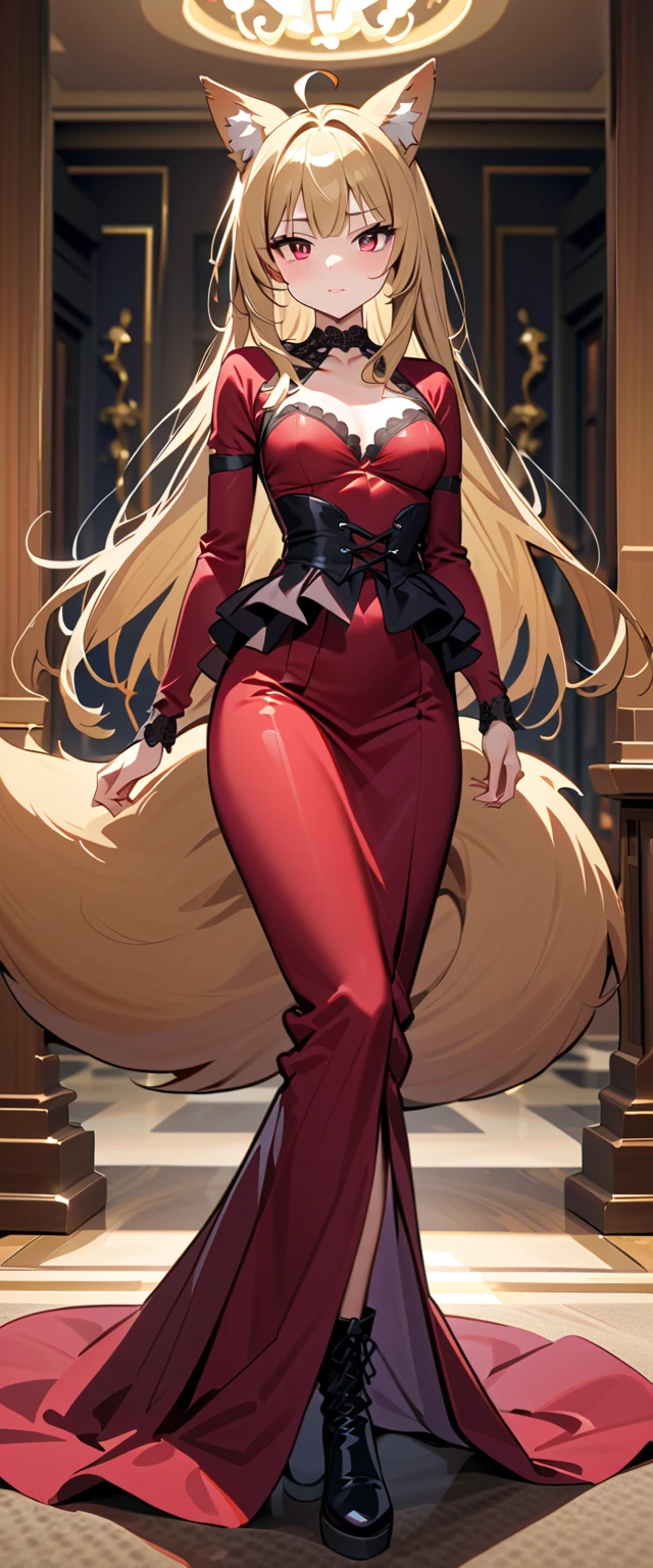 An extremely, insanely beautiful stunning gorgeous pretty cute sexy busty mother with a perfect gorgeous beautiful face, extremely super bright snow white fair stunning flawless glowing lush shiny white skin, and complexion, gold blonde hair tied in a cute hairstyle with hair ornament and red rose flower on hair, age 23, stunning shiny big shiny glowing blue eyes, bright pink cheek blushes, brown-black eyelashes, pink puffy lips, pink nails, goddess-like extremely cute sweet smile, face full of life, wearing a gold necklace, feet anklets, wearing a pretty sexy long loose revealing bright RED COLOURED floral Robe-like-dress with threads, WHITE COLORED OFF-THE-SHOULDER SOFT SWEATER, shiny gold heels, gold bangles, looking at the viewer, standing straight, insanely tight skinny perfect hourglass figure, perfect round wide perfect hips, perfect bouncy round breasts, perfect round plump ass poking out of her dress, holding bouquet of red roses, road market in the background, day time, show full body from head to feet.