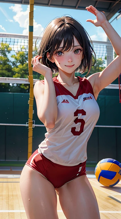 (close:1.4)、(RAW Photos:1.2)、(Realistic:1.4)、(masterpiece:1.3)、(highest quality:1.4)、(Beautiful woman with perfect body:1.4)、Young Japanese Woman、alone、7 Head to Body、(cute face)、(cute:1.2)、(Full Body Shot)、(Mid-chest:1.3)、Beautiful breasts、A smile full of happiness、(Volleyball Uniforms:1.3)、(Beautiful fine details)、(Attractive big eyes)、(Beautiful double eyelids)、(Beautiful and elaborate face)、(short hair:1.2)、(Beautiful little ass)、(Perfect Anatomy:1.2)、sweating、Excited facial expression、Volleyball Player、Cowboy Shot、Volleyball in hand、Looking Back、Beach Volleyball、Volleyball court、