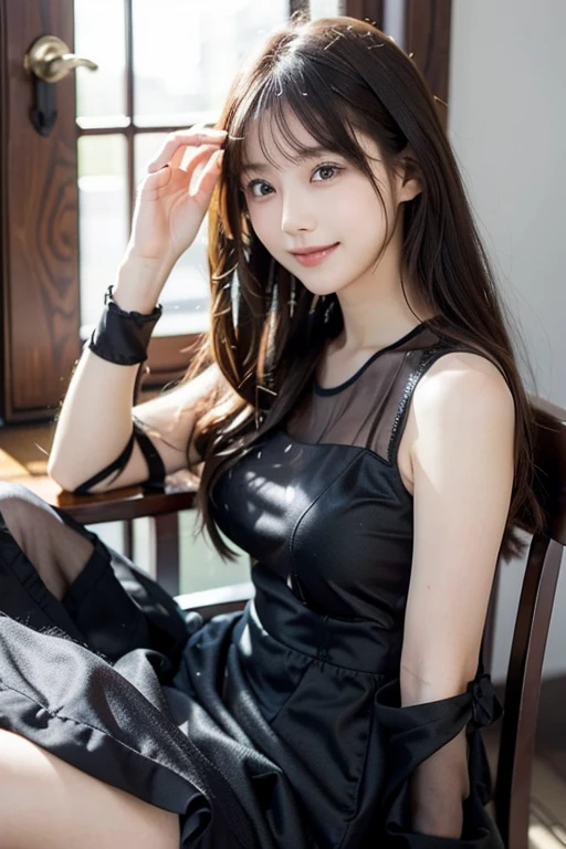 Top quality, 1 beautiful woman, ((Twintails)), wearing tank top, mini skirt, ((fair-skin)), sitting, shy smile, 30mm lens, f/1, Moody Lighting, at Futuristic cyberpunk city