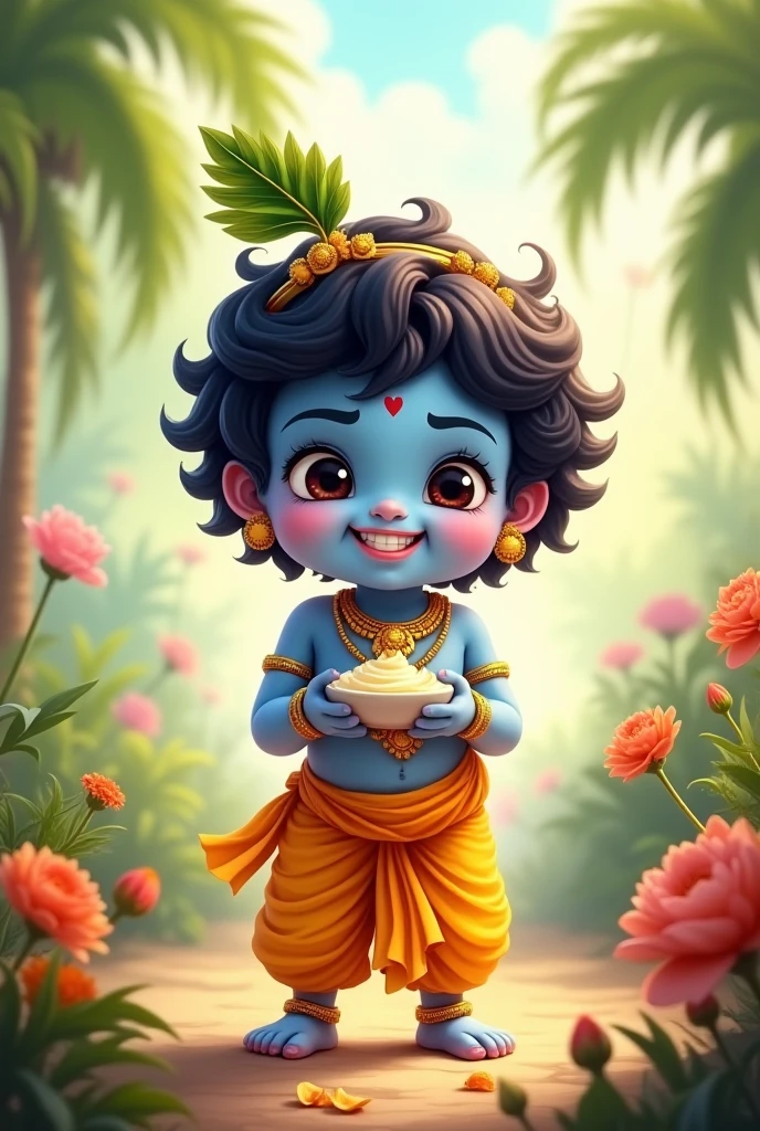 Make poster of child lord shri krishna holding the pot of butter in hand in sitting posture and in down side centre write in Bold font "Happy janmashtami" and below this line in corner write Sudarshan Dairy & Apna chemist with picture of cow and medicin