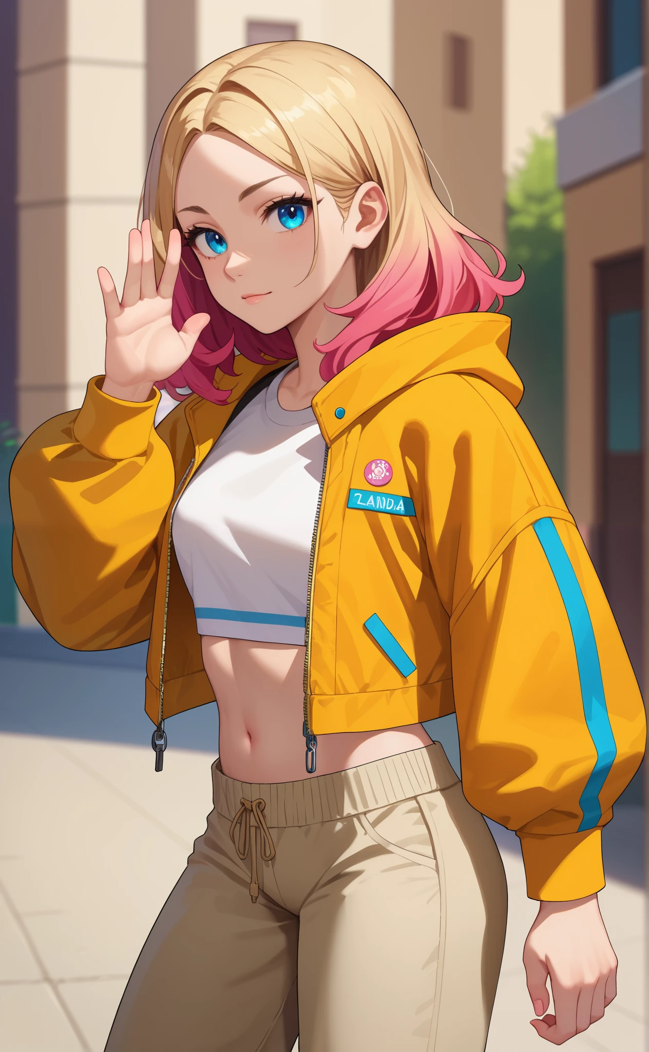 Young woman of 20 years, blond hair, blue eyes, perfect and detailed face , linda, wearing a loose black crop top, Beige Streetwear Pants, colorful jacket over cropped top, perfect body , Standing character, dinamic pose , full view, best quality masterpiece, richness of details