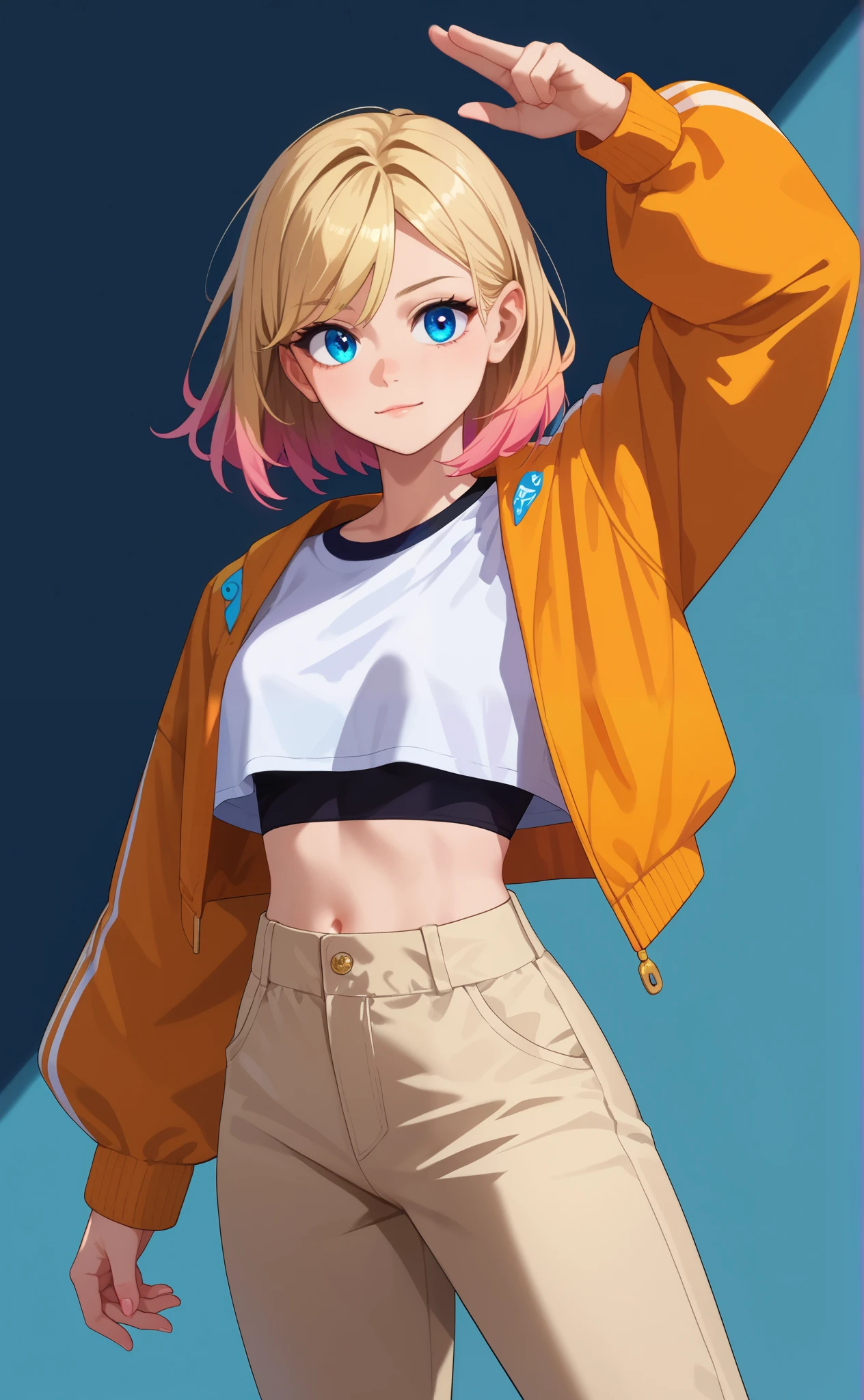 Young woman of 20 years, blond hair, blue eyes, perfect and detailed face , linda, wearing a loose black crop top, Beige Streetwear Pants, colorful jacket over cropped top, perfect body , Standing character, dinamic pose , full view, best quality masterpiece, richness of details