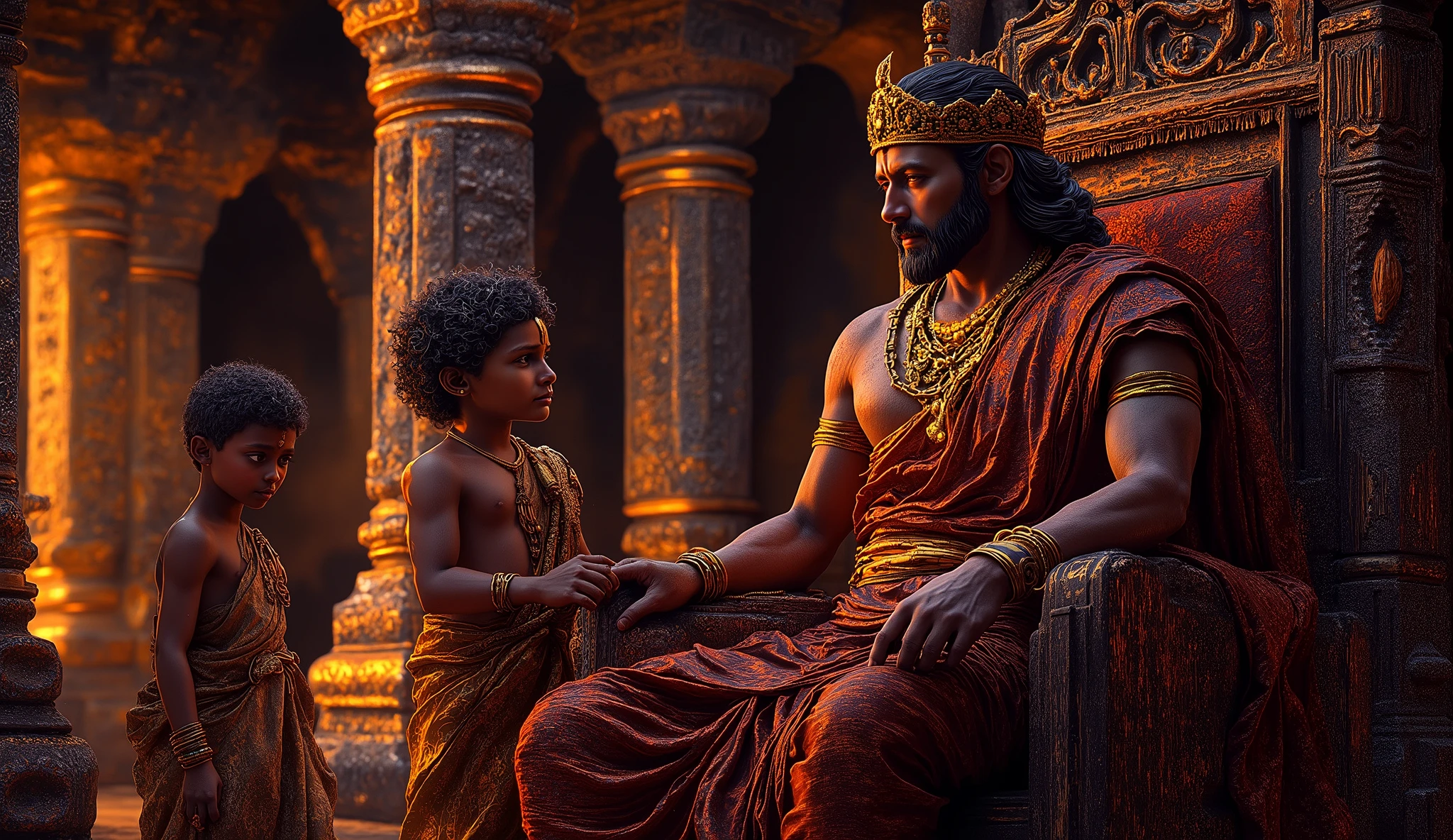 Depict the royal palace of an ancient Indian king with intricately carved stone pillars, golden drapes, and a grand throne in the background. King Uttanapada is seated on the throne, dressed in a majestic silk dhoti with a golden waistband, a jewel-encrusted crown, and a royal shawl draped over his shoulder. His expression is neutral yet slightly distant. To his right stands Suruchi, his queen, wearing a richly embroidered saree with gold jewelry, her expression proud and authoritative. Beside her is their son, Uttam, a young Indian boy with neatly combed hair, dressed in royal garments, holding his mother's hand.
To the left, Dhruva, a -year Indiboy with curly black hair, large expressive eyes, and a tilak on his forehead, stands slightly apart. He wears a simple yet elegant silk dhoti with minimal jewelry, emphasizing his humility. His expression reflects sadness and longing for his father's affection. His mother, Suniti, stands behind him in a plain saree with minimal adornments, her expression tender yet sorrowful. The atmosphere should emphasize emotional contrast, with the opulence of Suruchi and Uttam's side and the simplicity of Dhruva and Suniti's side. Warm golden lighting should highlight the palace's grandeur, while shadows subtly emphasize the emotional distance between the characters."