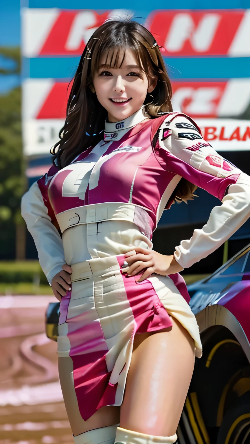 ( HD),( High Quality ),( The Greatest Masterpiece),(race queen woman :1.8), Japanese,Idol-like face, cute face,Cute eyes, fine skin,(Silky skin),(Big breasts:1.5), taut bust, corporate logo , sexy costume,Beautiful hips, long foot,Auto Salon