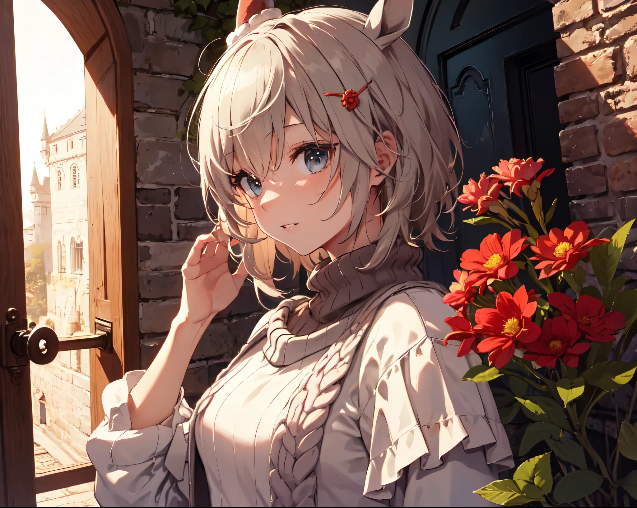 ((alone、性的 upper body、 door up)), Horse Ears, (( turtleneck 、Warp knit sweater)), Looking to the Side with Arms Crossed, Accentuating Sideboob. Laughing, ((Red Sky, red Flowers、Inside the castle wall )), Wind Blowing, UHD, retina, Masterpiece, Accurate, Anatomically Correct, Textured Skin, Ultra Detailed, High Detail, High Quality, Award Winning, Top Quality, High Resolution, 16k,