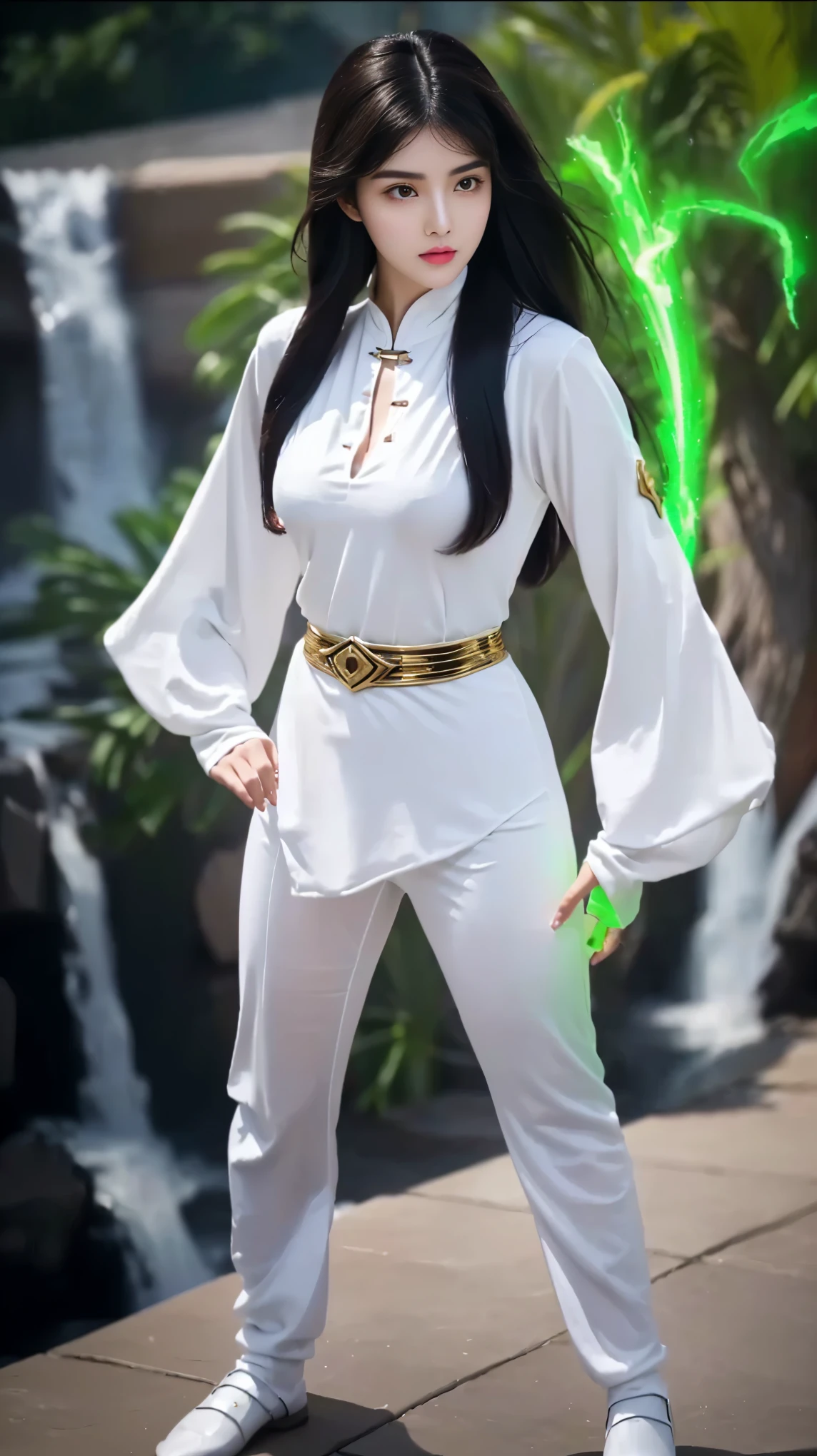 a close up of a woman in a white outfit posing for a picture, in the style of sifu 🔥 😎 🕹️ 👀 :2, tai costume, maya ali as a lightning mage, maya ali as a d&d sorcerer, irelia from league of legends, character from mortal kombat, maya ali as d&d mage, big chest, big breasts, chubby body, slightly plump sexy waist, thiny red lips, beautiful round eyes, weight 55kg.