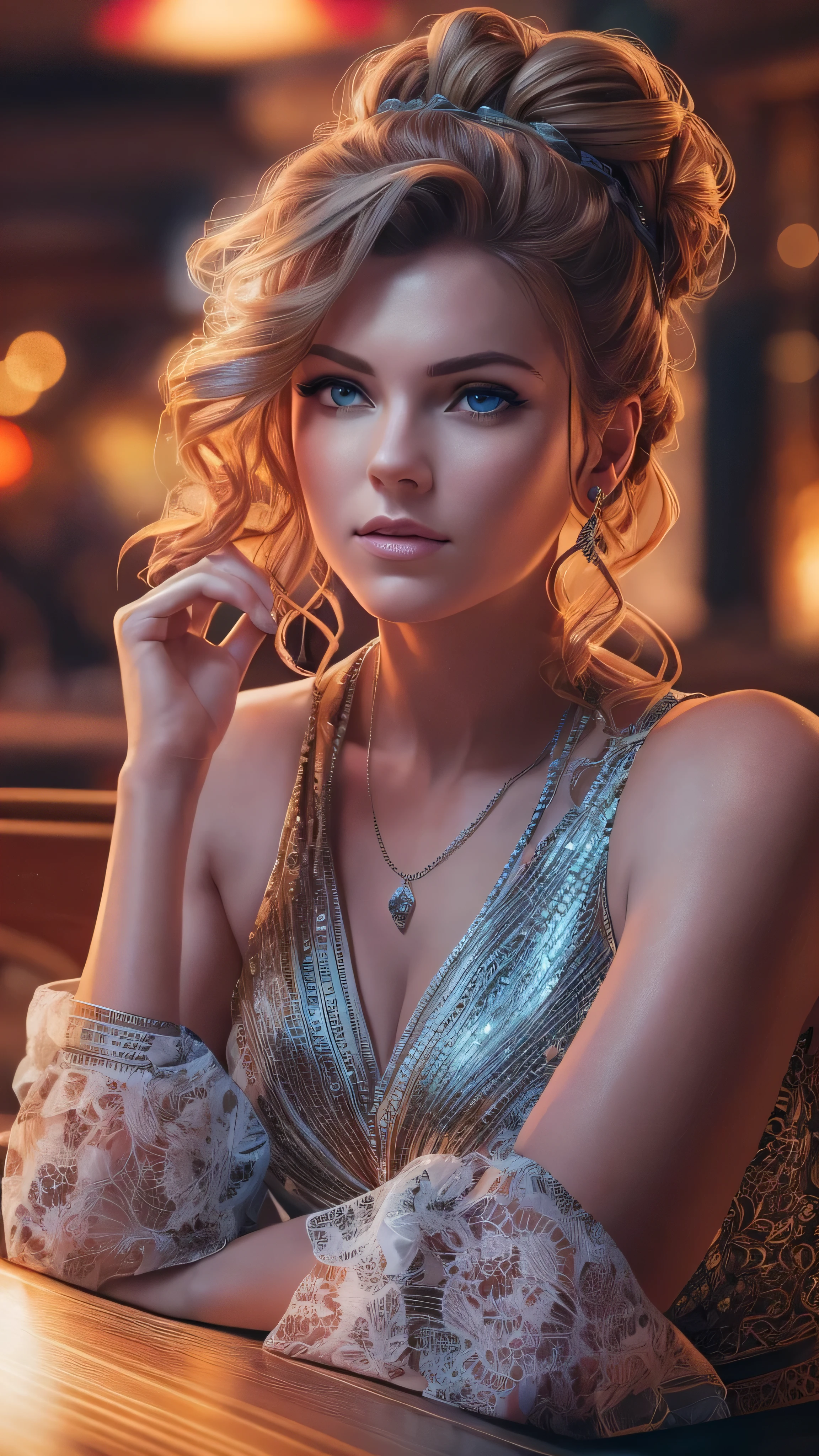 Portrait of Abigail: Beautiful woman with updo,  sitting in a nightclub bar. This masterpiece is of the highest quality,  ultra detail, Best 8K HDR Wallpapers.  cinematic lighting and sharp focus、It also features fine details .