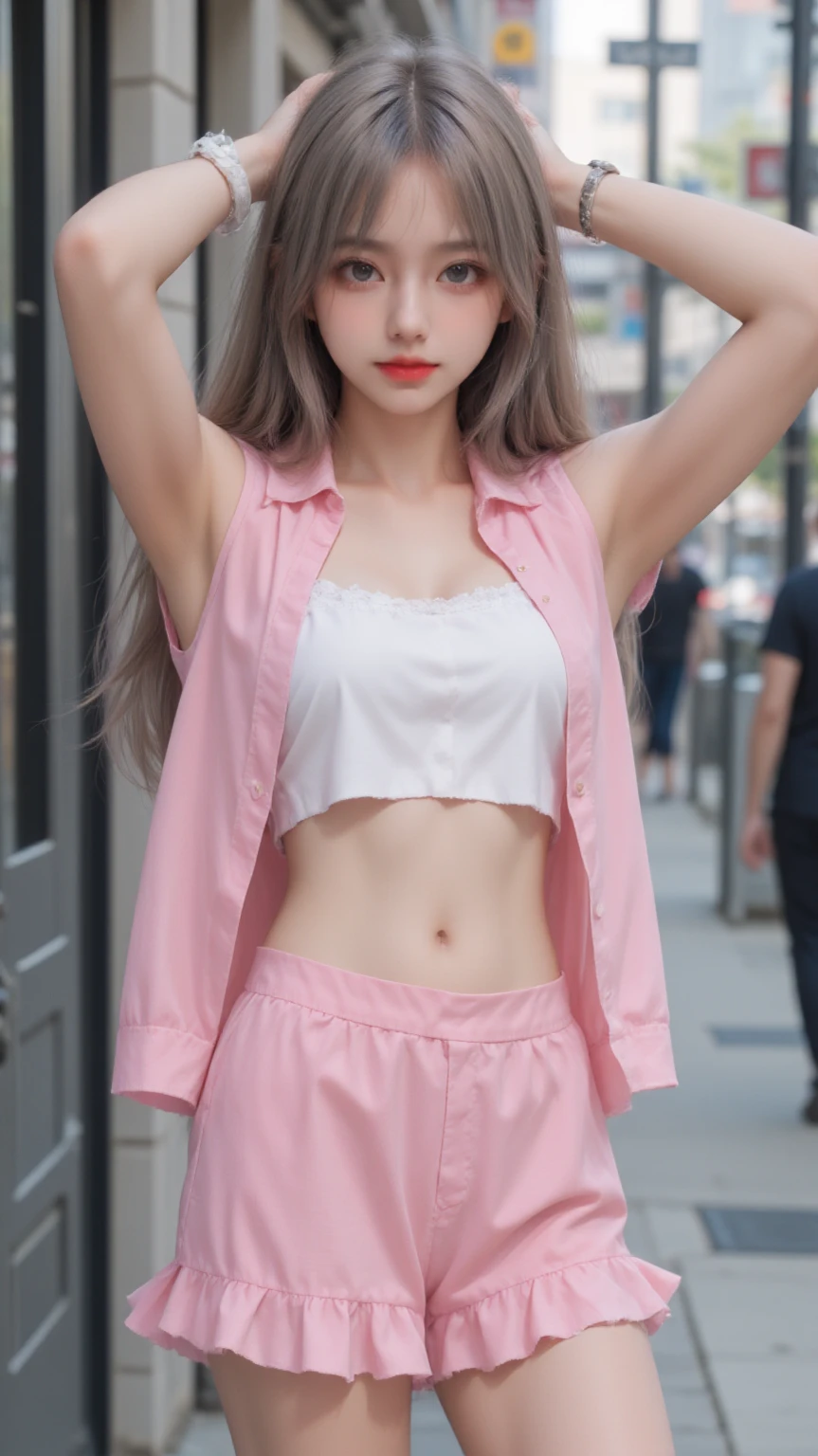 Girl posing for photo (light pastel pink bra: 1.7) And (cotton see-through white shorts: 1.8), arms behind her back, (Full body, Full body: 1.9), Pair with cropped pants, slim figure, Petite bust, Slim Girl Model, 16-year-old female model, Gold wire glasses,Super live-action quality images,surreal photos,Almost completely naked,Wearing almost nothing,Korean Idol,Korea person,Korea person beautiful girl,Detailed expression of facial skin,Light cotton underwear,Korean person of Russian descent,Very white skin,No pants, very small hip,school courtyard hallway,Slender body, Slender Leg,A girl with an innocent smile,maze-like back alley,