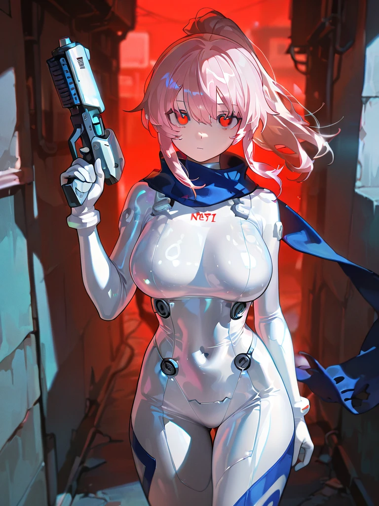 Scarlett Johannson em Fantasma na Concha, short pink hair, tight white bodysuit with big breasts, fake boobs, Skyline of a war-torn city at night, big tits sfw
