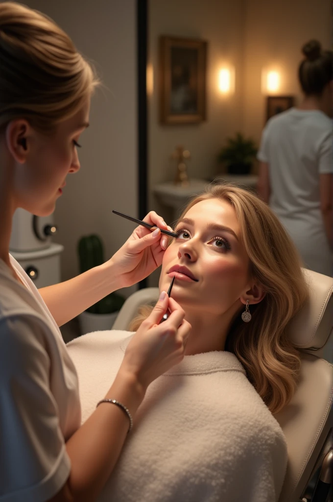  A blonde woman receiving a facial from a professional in a chic beauty salon, soft lighting highlighting radiant skin, ambiente sofisticado com espelhos elegantes, minimalist furniture, produtos de beleza de alta qualidade em destaque, Fotografia, lente de retrato, --ar 16:9 --v 5