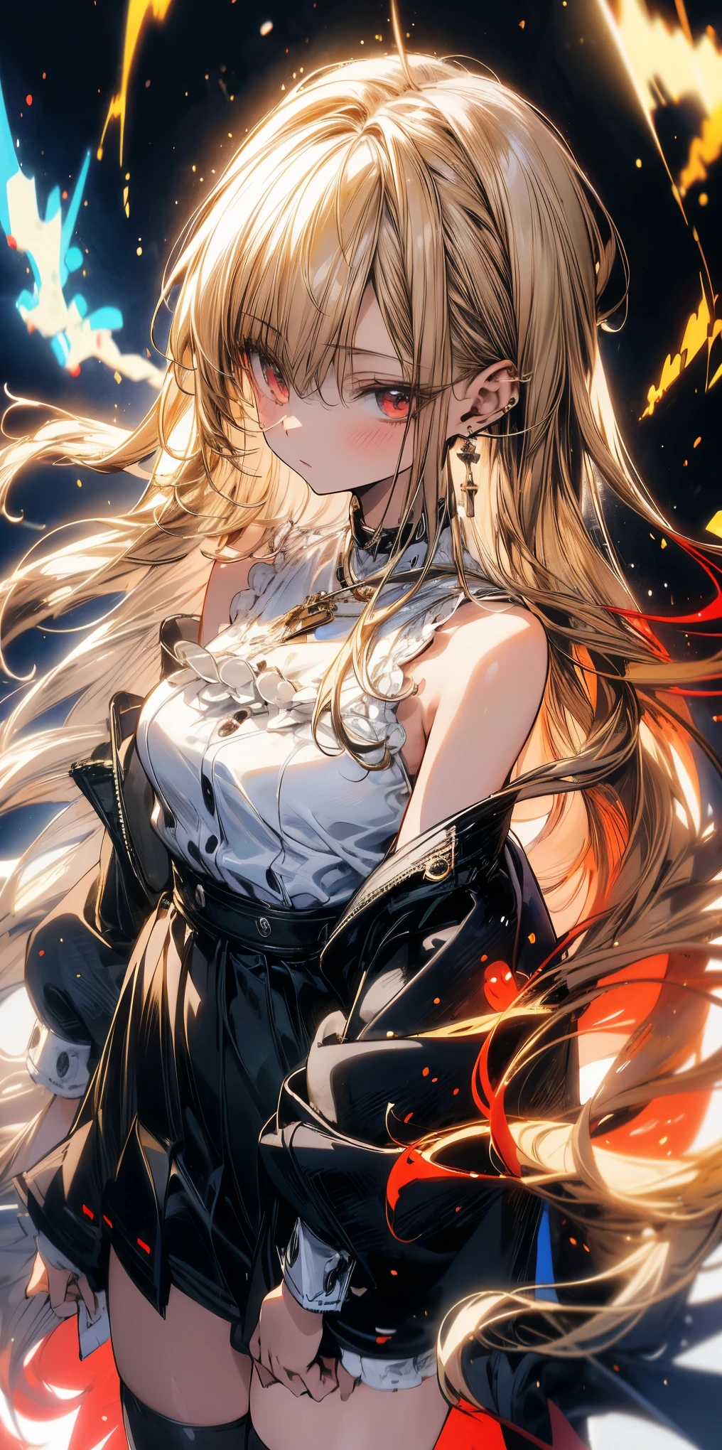 light particles, soft lighting, volumetric lighting, intricate details, finely detailed, 1girl, solo, blonde hair, long hair, high ponytail, red eyes, long eyelashes, thick eyelashes, looking at viewer, red dress, ornate dress, backless dress, puffy sleeves, juliet sleeves, (long sleeves:1.2), red bow, black background, simple background, from behind