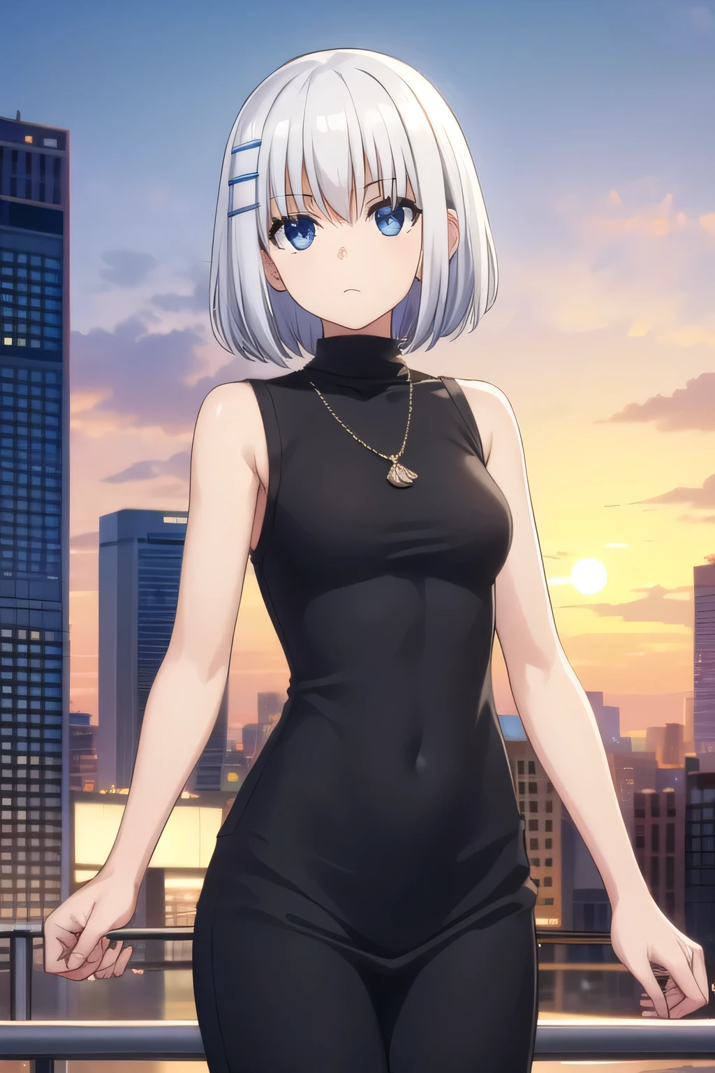 origamitobiichi, origami tobiichi casual, short hair, blue eyes, hair ornament, bare shoulders, jewelry, white hair, sleeveless, hairclip, necklace, turtleneck, sleeveless turtleneck, strap between breasts, white dress,
BREAK ,
BREAK outdoors, sky, blue sky, clouds, sun, city, buildings, crowd, people,
BREAK looking at viewer, (cowboy shot:1.5),
BREAK (masterpiece:1.2), best quality, high resolution, unity 8k wallpaper, (illustration:0.8), (beautiful detailed eyes:1.6), extremely detailed face, perfect lighting, extremely detailed CG, (perfect hands, perfect anatomy),