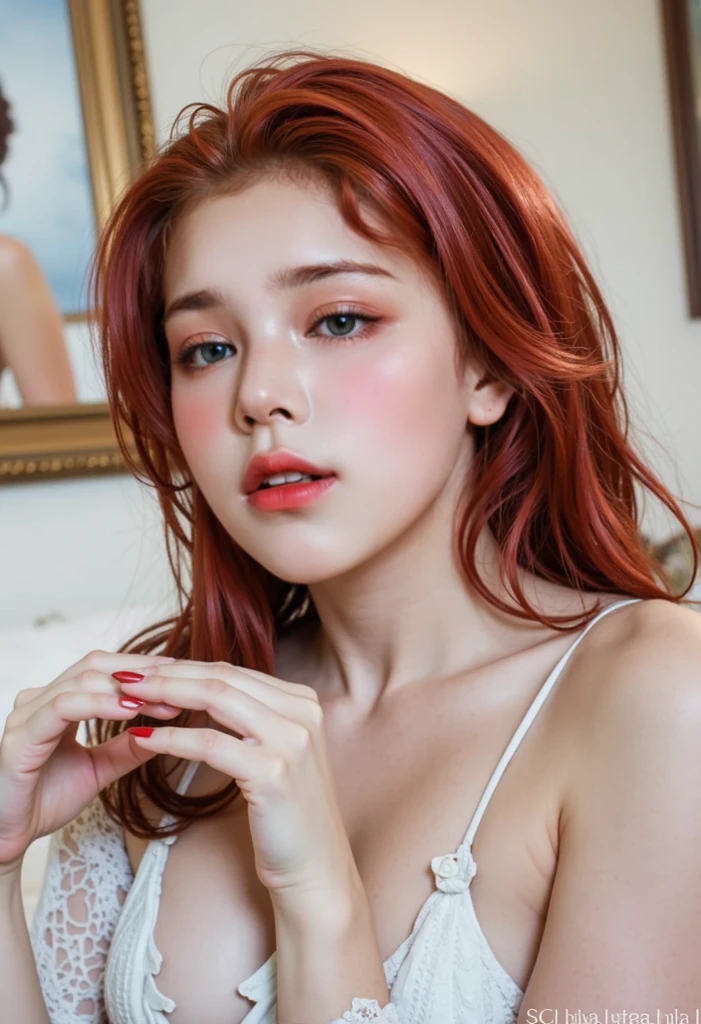 White and red-haired woman with full, pink lips