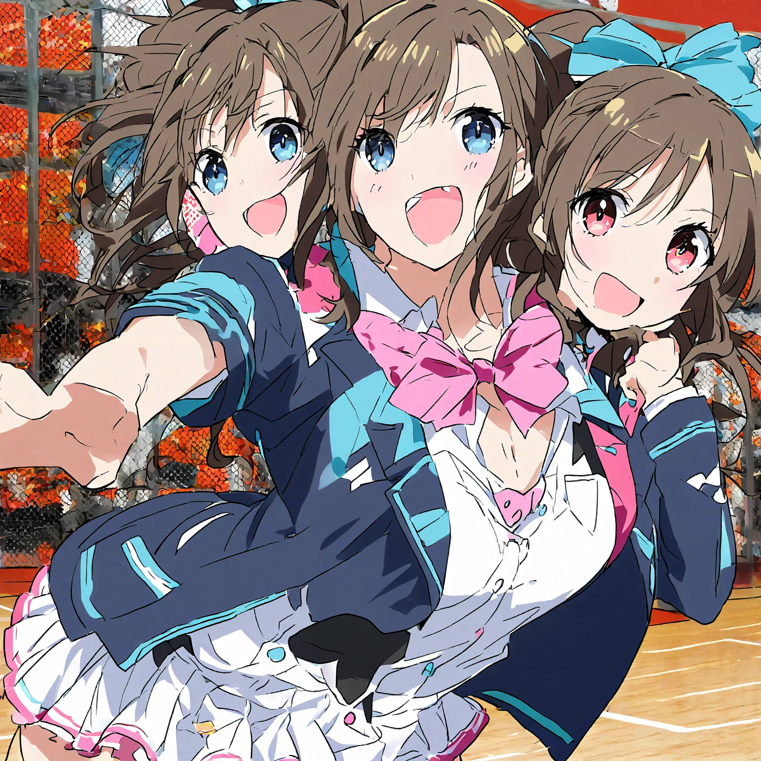 highest quality, Ultra-high resolution, (Realistic: )2D official style cel animation,((Three skinny girls sitting side by side on the stairs in front of the station))Idol Costumes.mini skirt,(Lace panties),Knee-high boots、Full body portrait,(The Idolmaster Shiny Colors),Live Stage、from the front
