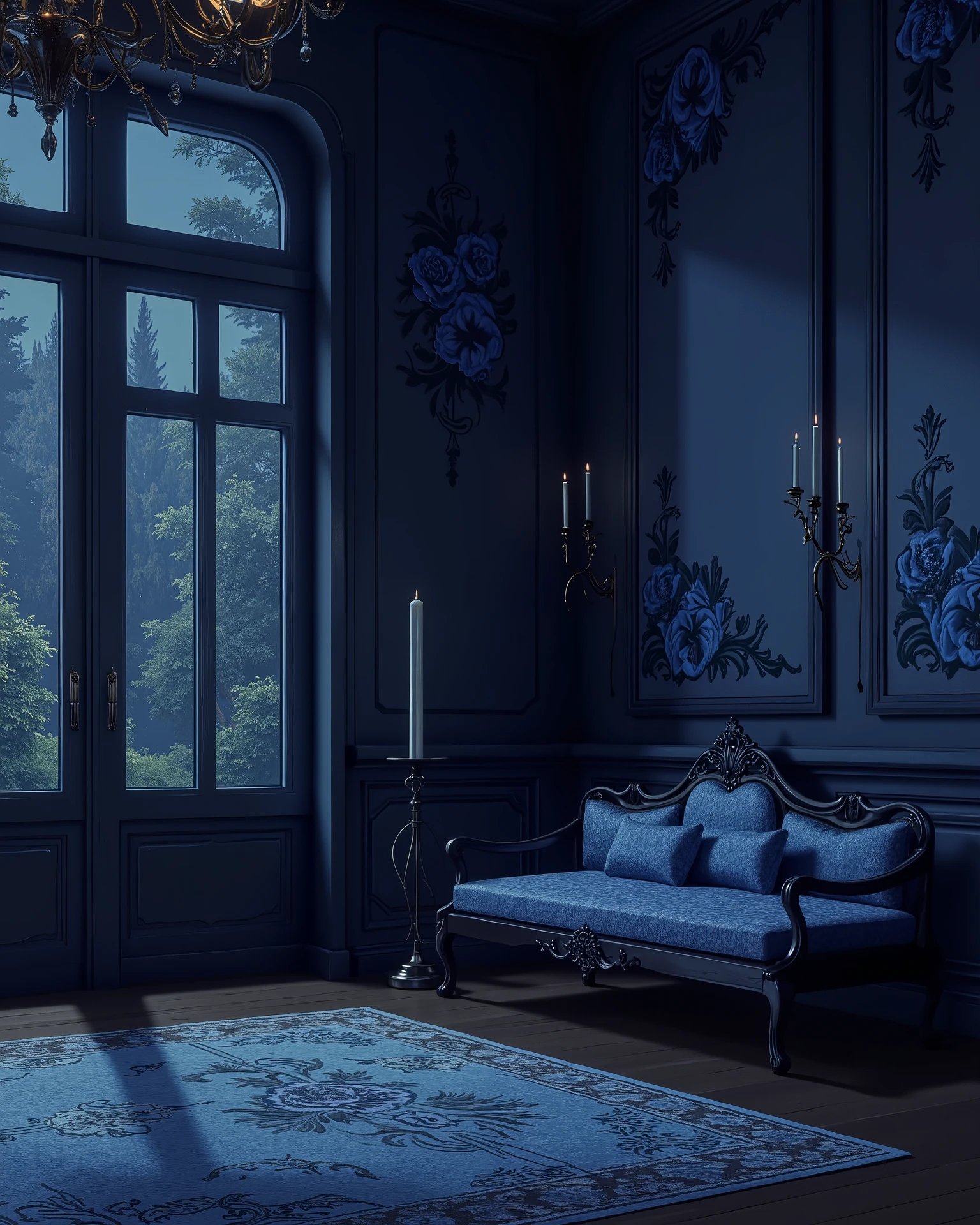 high definition, Accuracy, High detail, , aura dark-blue , Phantesis , without people, blue roses decorated walls , candles , porch, beautifully patterned bench , спальная с кроватью с узорами, красивый стол по середине с толстой книгой, черно-синяя