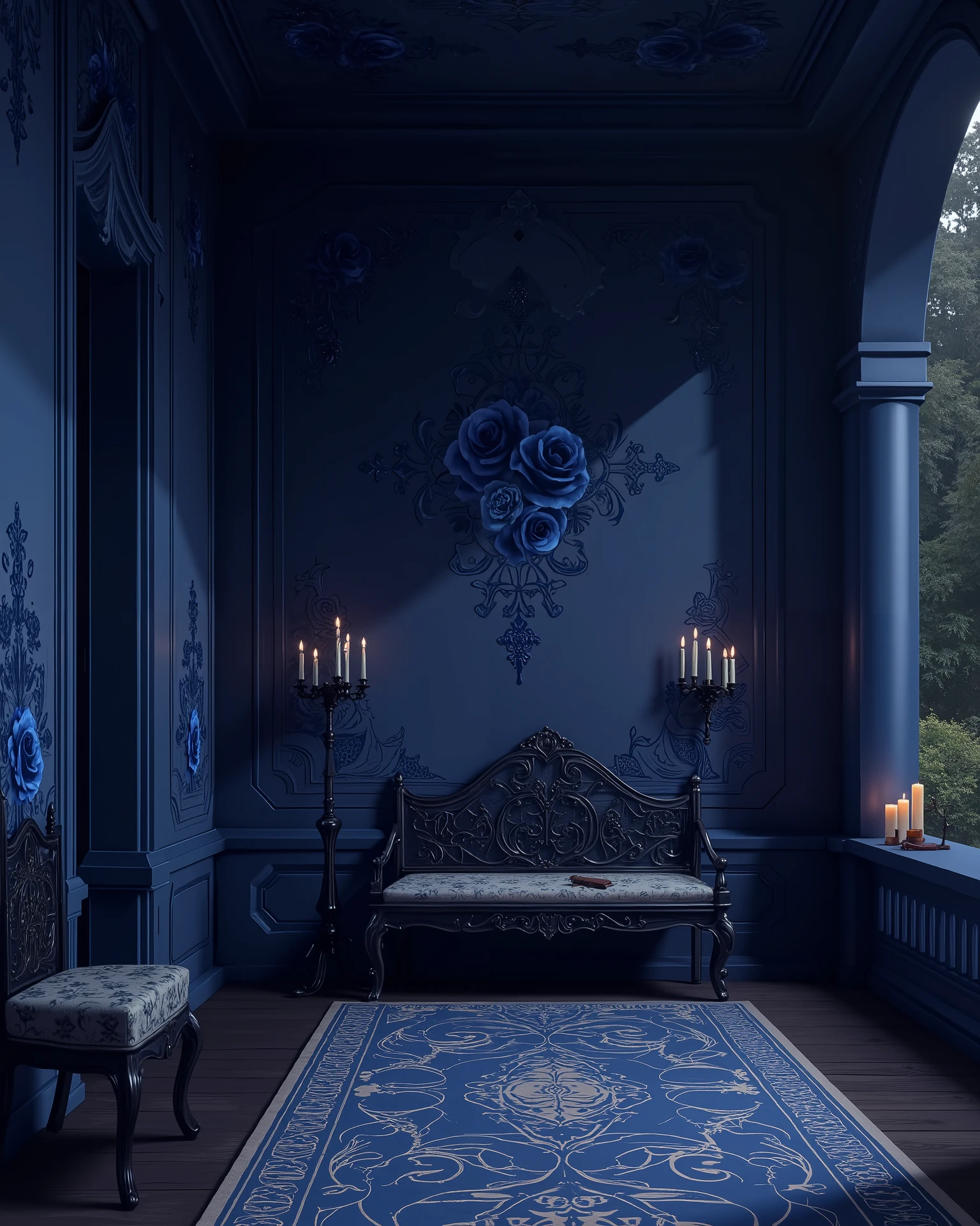 high definition, Accuracy, High detail, , aura dark-blue , Phantesis , without people, blue roses decorated walls , candles , porch, beautifully patterned bench , спальная с кроватью с узорами, красивый стол по середине с толстой книгой, черно-синяя
