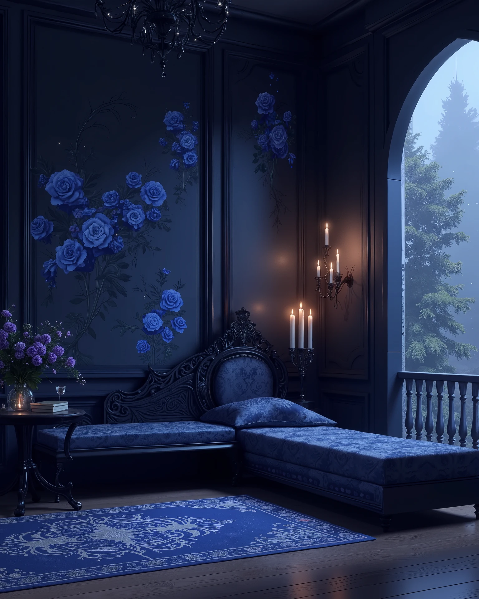 high definition, Accuracy, High detail, , aura dark-blue , Phantesis , without people, blue roses decorated walls , candles , porch, beautifully patterned bench , спальная с кроватью с узорами, красивый стол по середине с толстой книгой, черно-синяя