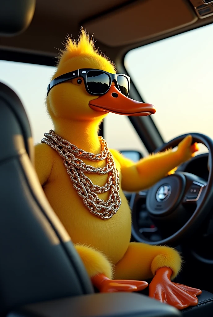 Create a yellow duck on top of the car with sunglasses, a chain and a cap. The duck has a bad guy style with a large black sports car with foam or something on a black background. This is for my car wash business in drawing format.