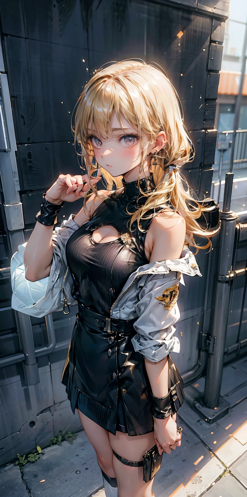 1 girl, blonde hair with two ponytails, big breasts, Slim sweatshirt, short waffle skirt, big hips, breast falls out, not good, nipples stick out on chest, Pointy nipples, Plump lips