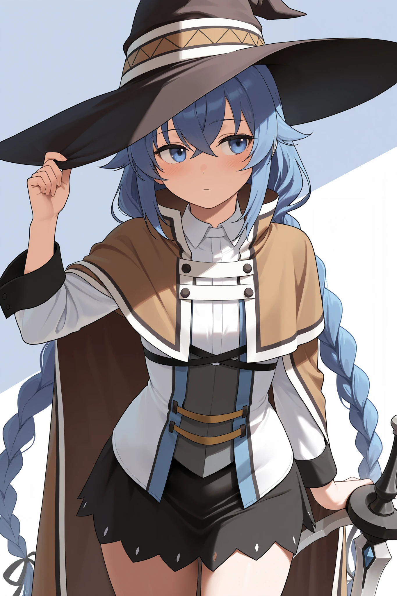 NSFW,masterpiece, best quality , high resolution, very detailed on trends, Roxy Migurdia、 Twin Blade, witch hat、Brown cape、 shirt、 Long Sleeve、 black skirt
