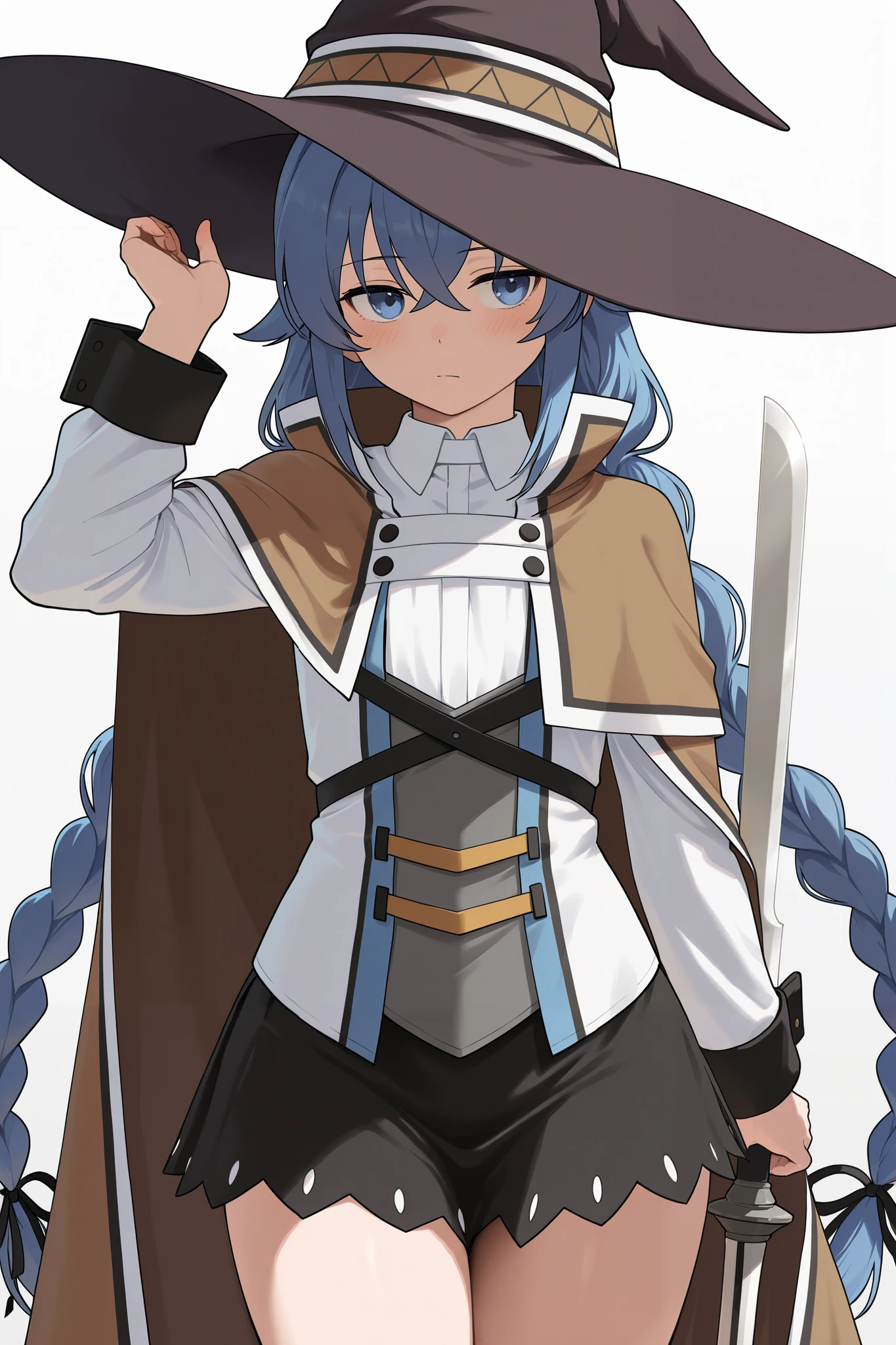 NSFW,masterpiece, best quality , high resolution, very detailed on trends, Roxy Migurdia、 Twin Blade, witch hat、Brown cape、 shirt、 Long Sleeve、 black skirt