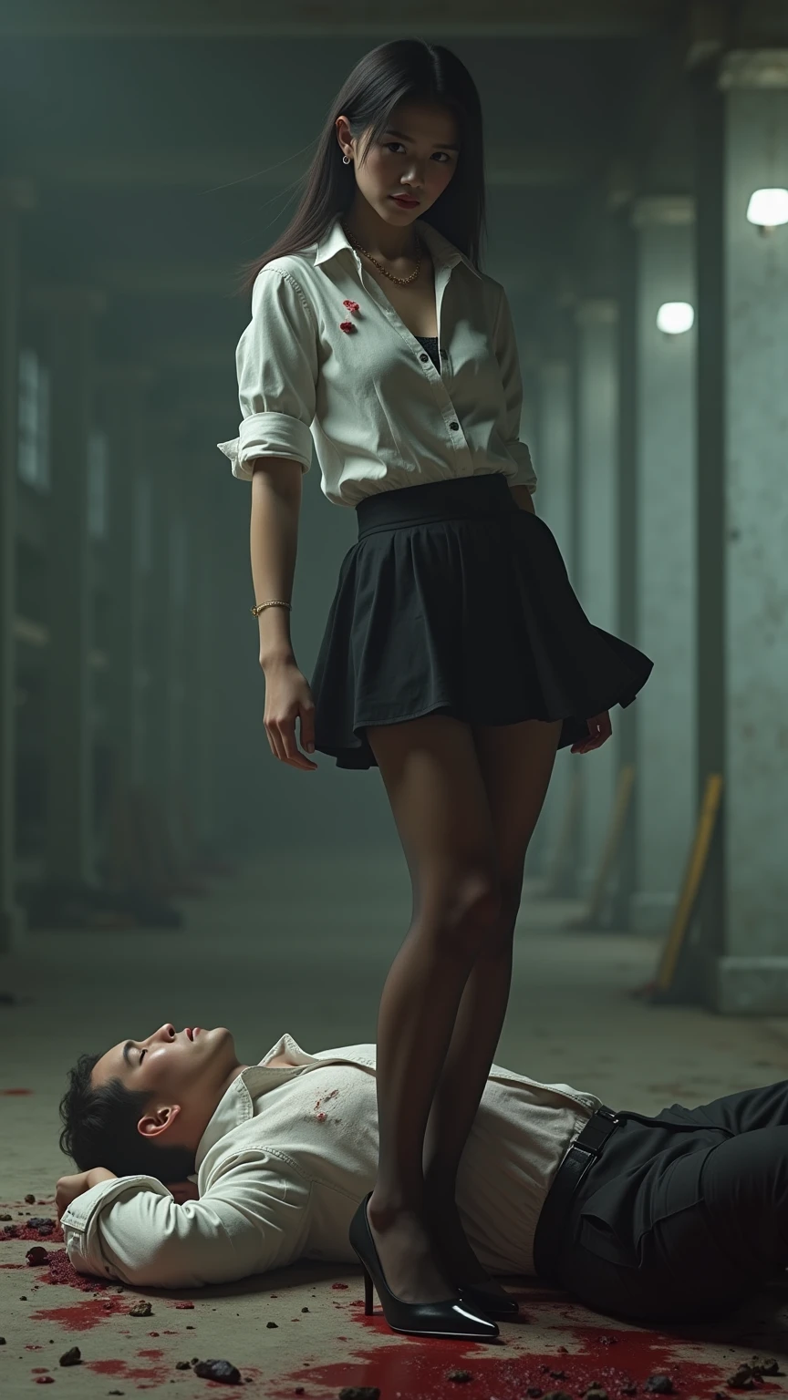 Old man lying on the floor face up with his legs and under the skirt of a schoolgirl with a miniskirt and high-heeled sandals standing full-length.